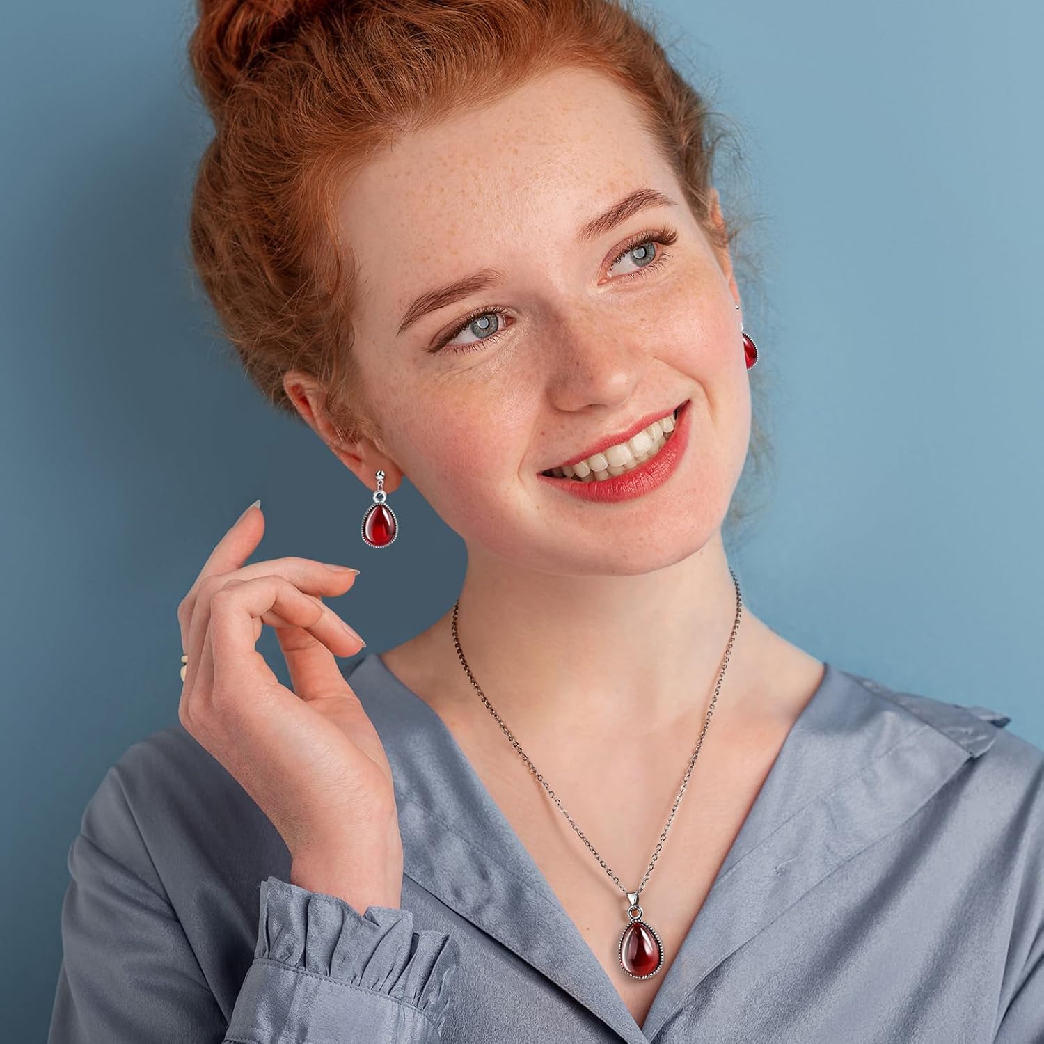 Red Teardrop Jewelry Set for Women – Matching Earring and Necklace Set with Genuine Garnet Gemstones, Elegant Ruby Necklace and Earrings Set for Daily Look - Image 7