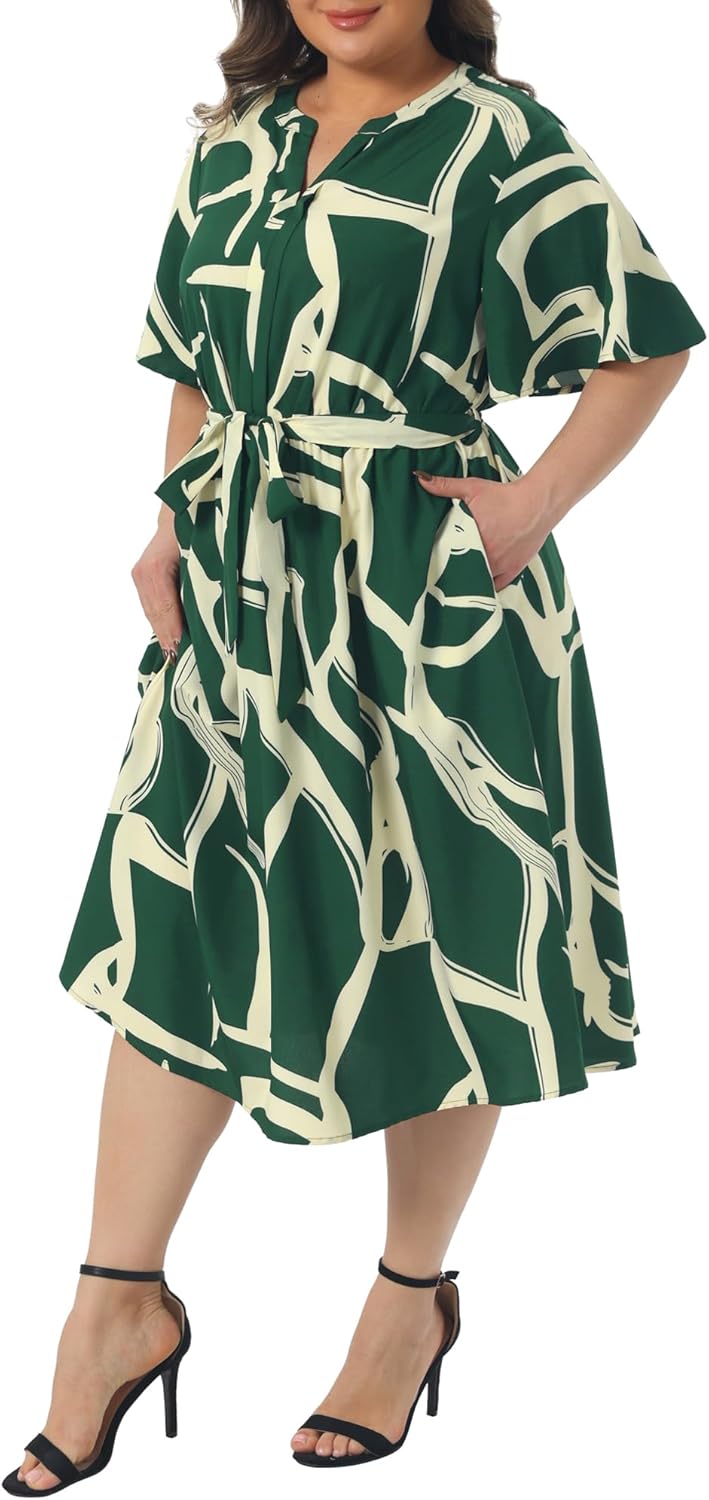 Agnes Orinda Plus Size Dress for Women Short Sleeve Notched V Neck Belt Summer Midi Dresses with Pockets