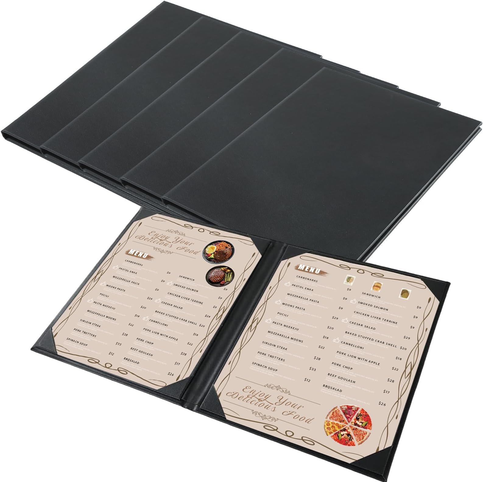 FLKQCRestaurant Menu Covers Holders 8.5" X 11" | Pack of 5 Synthetic Leather Double View Menu Holder Covers Book Style with Angled Corners Black for Wine List (5, 2 View (8.5" x 11"))