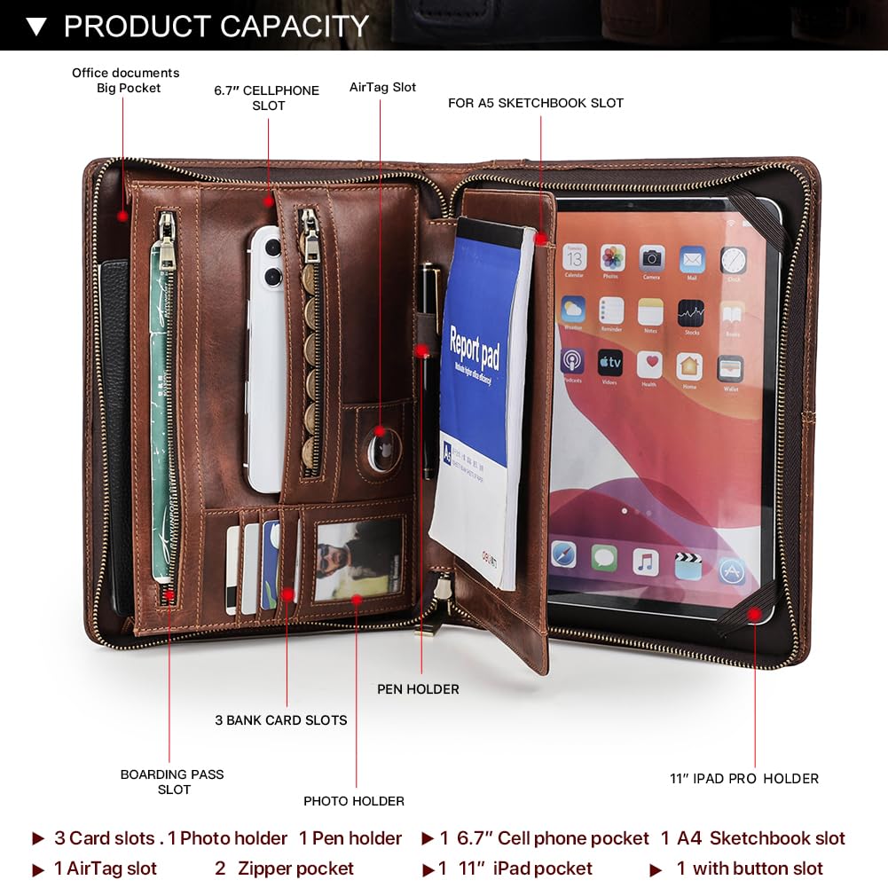 CONTACT'S FAMILY Carpeta con cremallera, funda de piel para tablet de 11 pulgadas, carpeta profesional de conferencias, organizador de trabajo personal, soporte para documentos de viaje de negocios