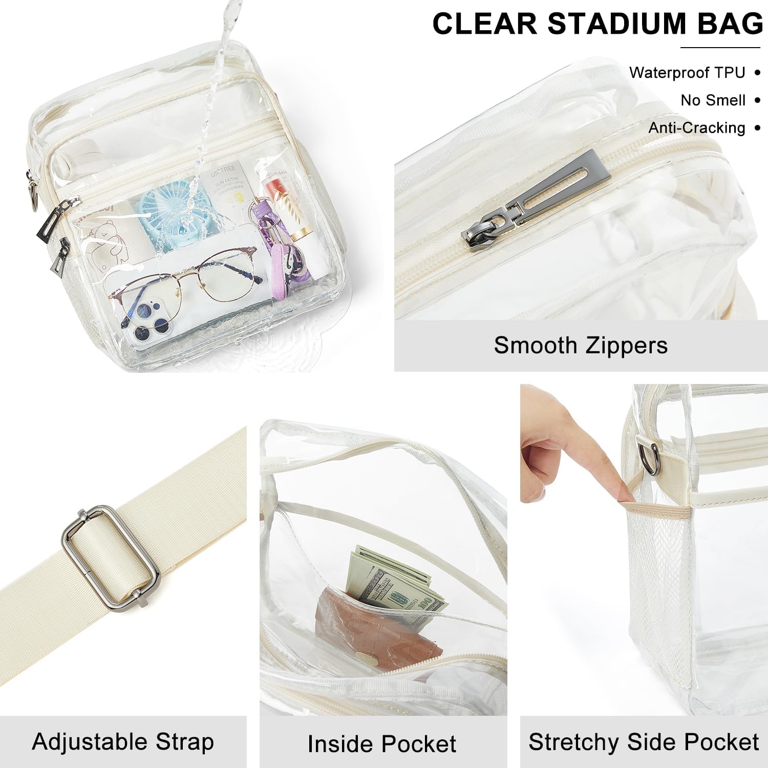 Clear Bag for Stadium Events 12x6x12 Clear Purse with 3-Zipper Pockets Crossbody Handbag Tote for Concerts Sports - Image 5