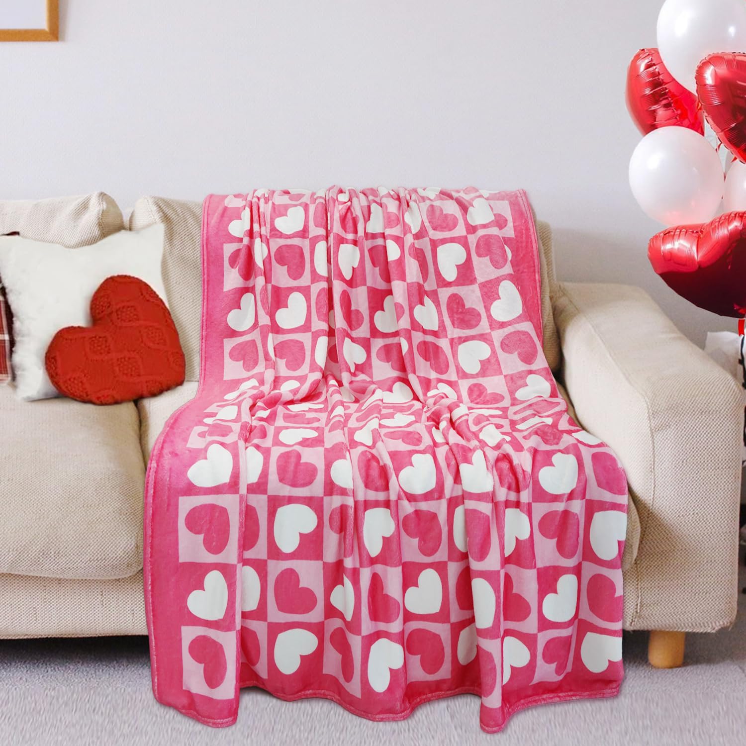 Valentines Day Throw Blanket Soft Fleece Heart Plaid Blanket Valentine's Day Gifts for Her Pink Red Warm Cozy Throws for Sofa Bed Couch 50x60 inches