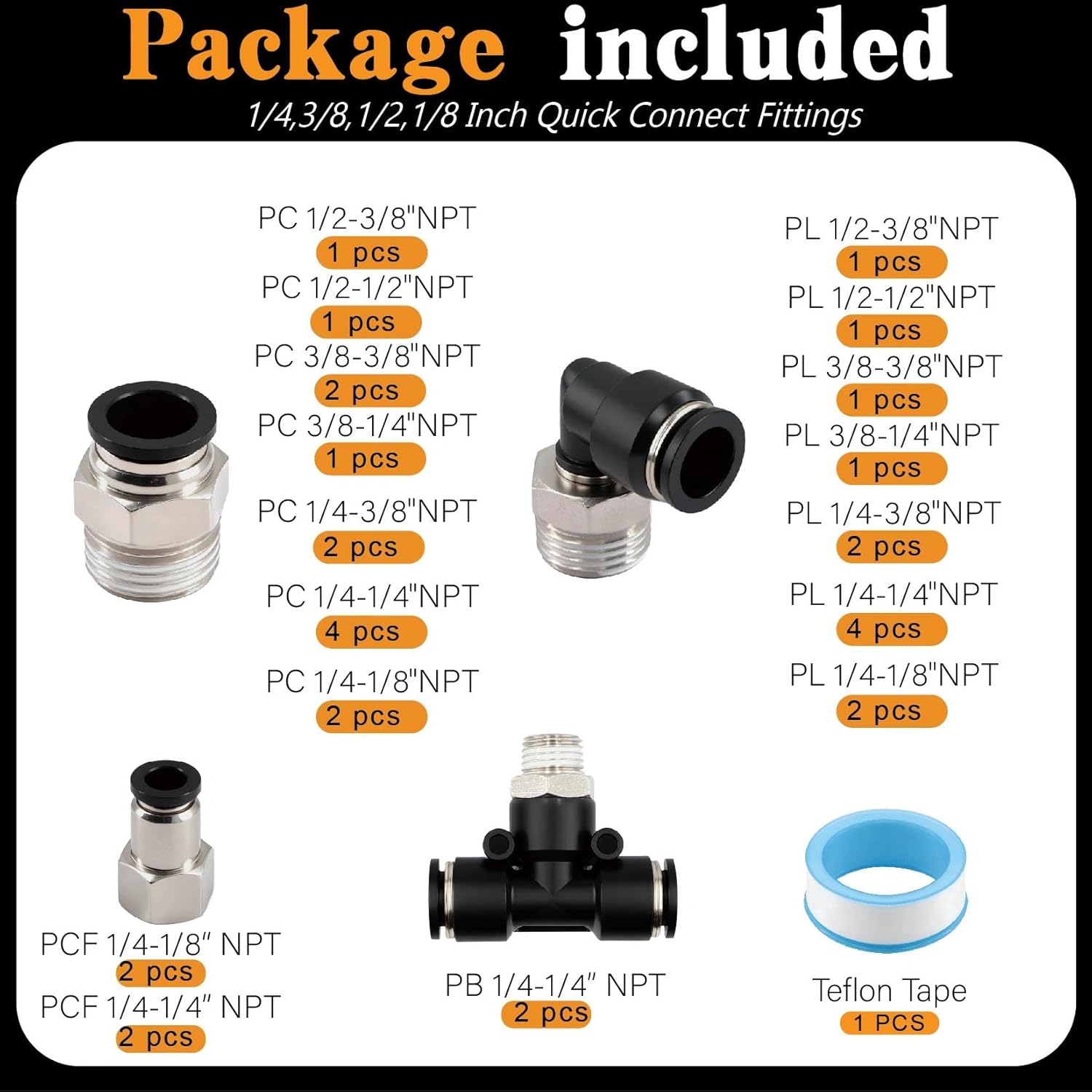 33 Pcs Push to Connect Air Hose Fitting NPT Thread Kit,1/8" 1/4" 3/8" 1/2" Elbow/Straight Female/Tee/Straight Connectors with NPT Thread Combination,Air Line Pneumatic Quick Connect Fittings