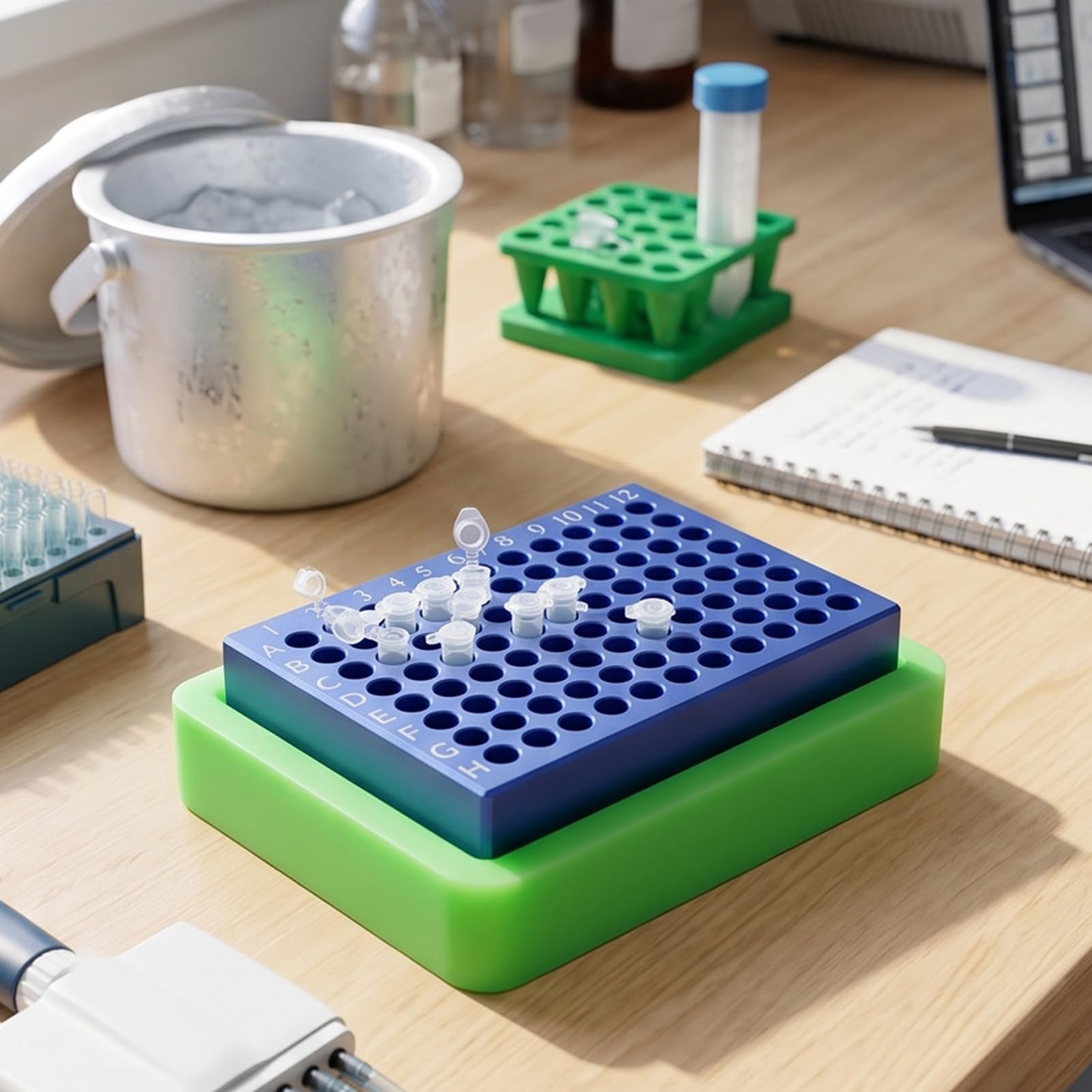 Soporte de Tubos PCR de Aluminio, Bloque de Enfriamiento de 96 Pozos for Laboratorio (0,2 ml 96 agujeros) | Gradilla para tubos de 0,2 ml con base de silicona antideslizante para laboratorio