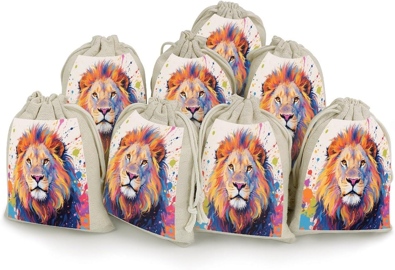 Colorful Lion Painting Drawstring Bag Fashionable Cinch Bags Bunches Pocket Set of Eight Multipurpose Drawstring Storage Bags for Daily Storage Kitchen Dressing Table