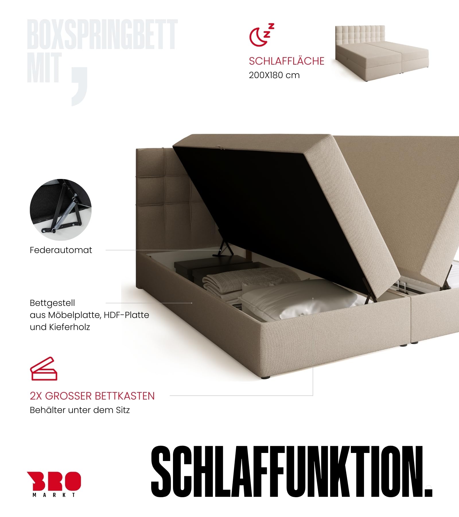 BROMARKT Boxspringbett 180x200cm mit Topper und Bettkasten H3 Beige | Doppelbett für Schlafzimmer mit Bonell Matratze Stauraum und gepolsterte Kopfstütze Bett Bed Einzelbett Federkern DETROIT