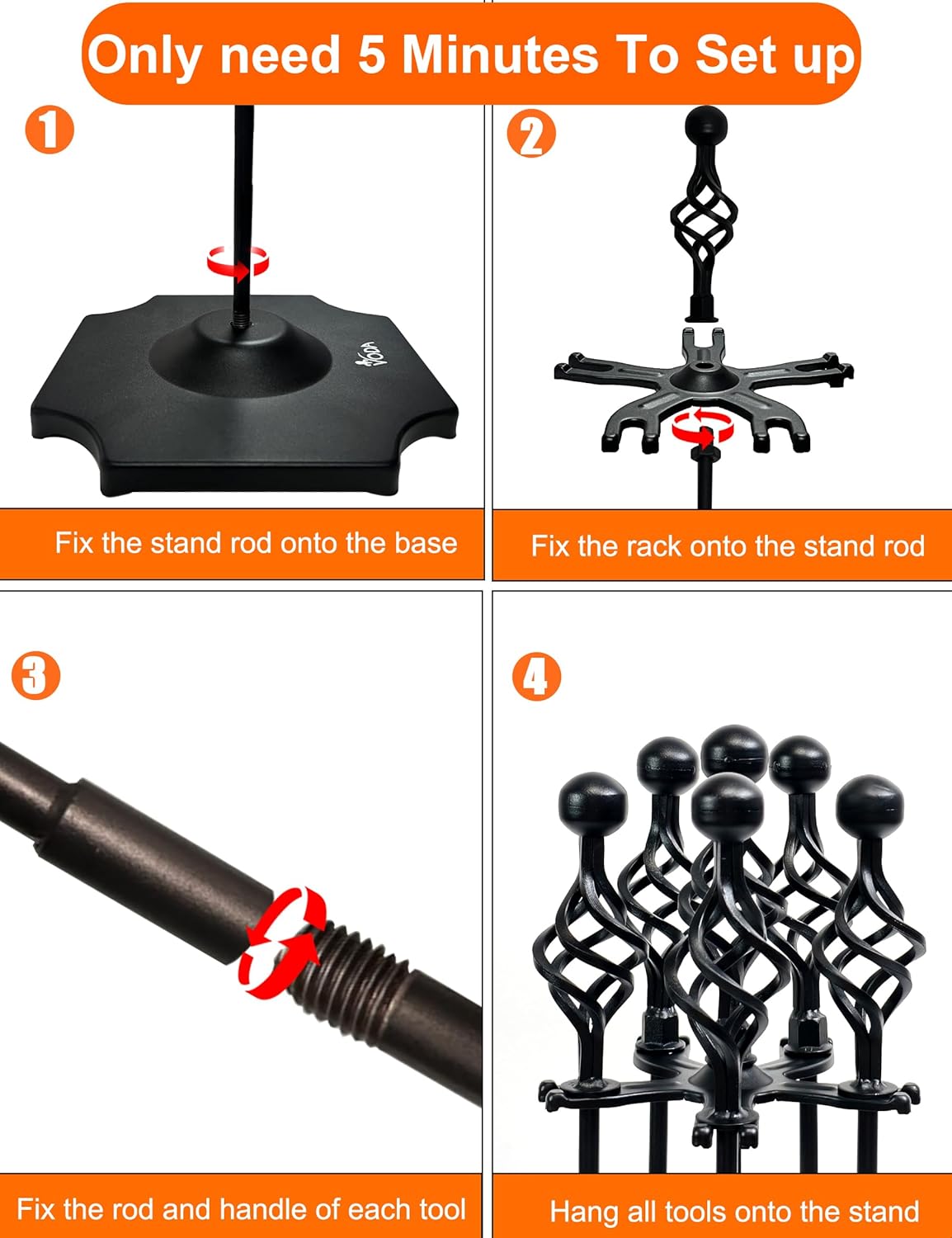VODA Fireplace Tool Set 33" 5-Piece Cast Iron Fire Place Set Tools Indoor Fireside Accessories Large Fire Place Tool Set Outdoor Fire Pit Holder Fire Kit with Poker Shovel Tongs Brush, Stand
