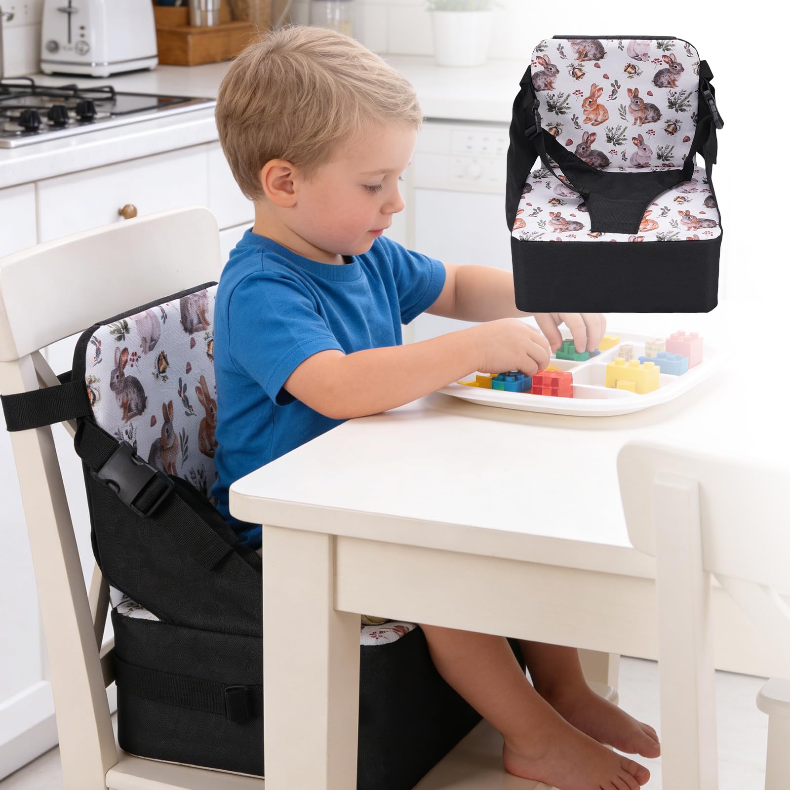 3 Sedia Che Aumenta il Cuscino, Booster per Bambini Pieghevole Portatile con Schienale, Fissaggio Stabile e Design Non Slip per Tavolo da Pranzo, Prova D'acqua e Facile da Pulire