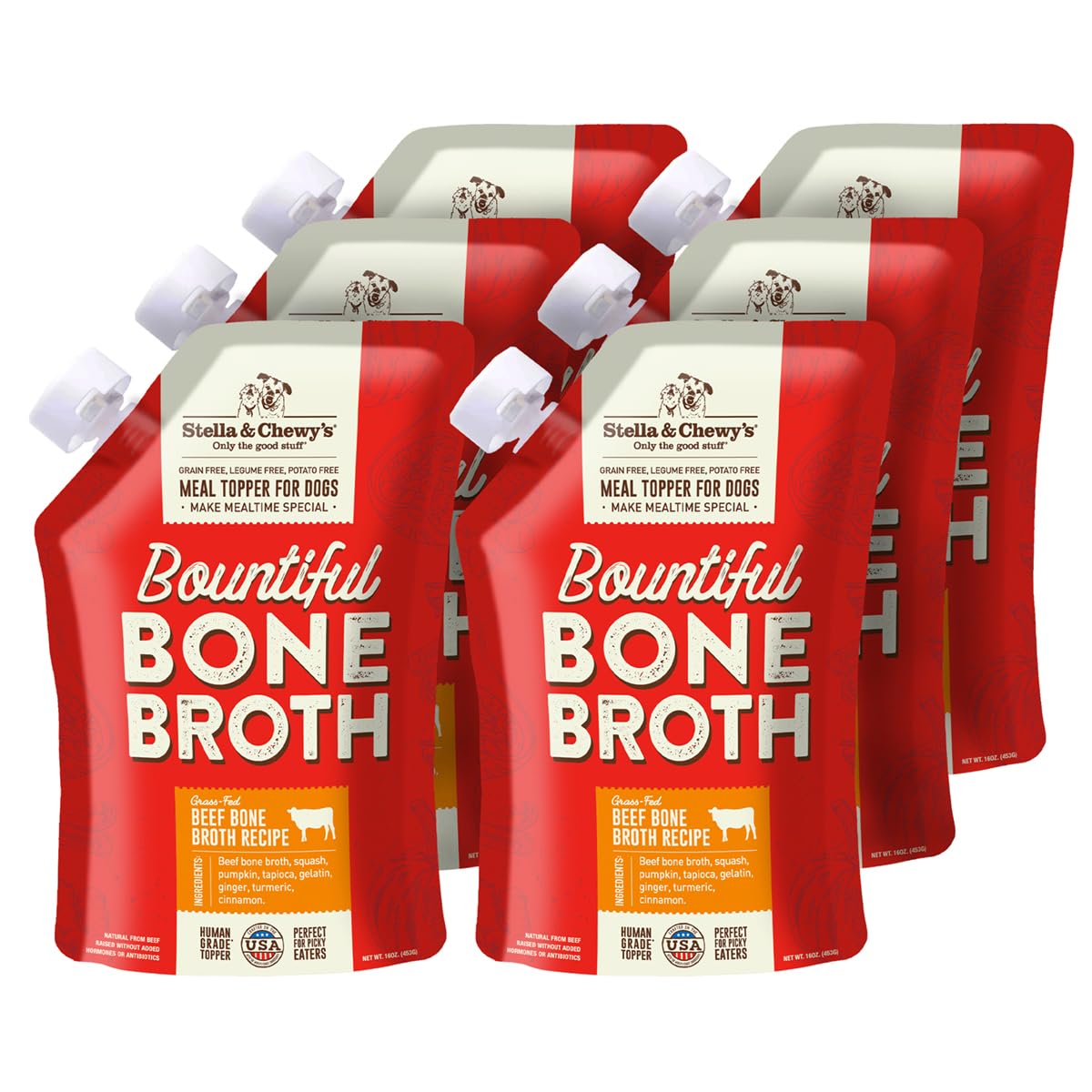 Stella & Chewy's Human-Grade Grass-Fed Beef Bone Broth for Dogs - Joint & Gut Health Liquid Food Topper with Collagen & Turmeric, 16 Fl Oz Resealable
