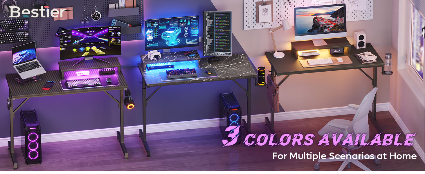 Bureau Gamer Bestier 106cm LED - Support écran, Porte-gobelet, Design Carbone