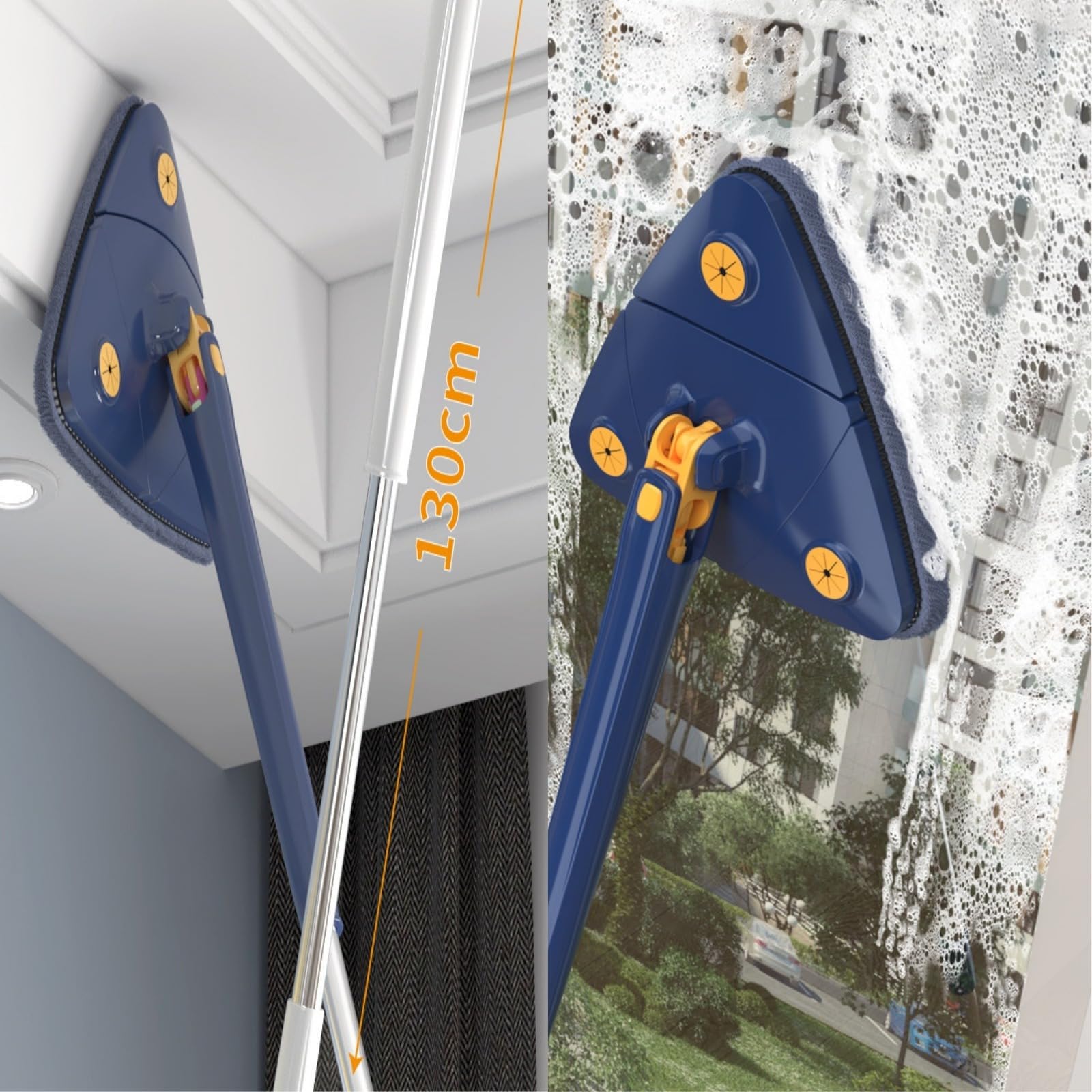 Escoba de Limpieza Triangular giratoria de 360 Grados, Ajustable, Herramienta de Limpieza multifunción, fregona de Prensa automática (Escoba Azul + 6 paños de fregona) (Azul)