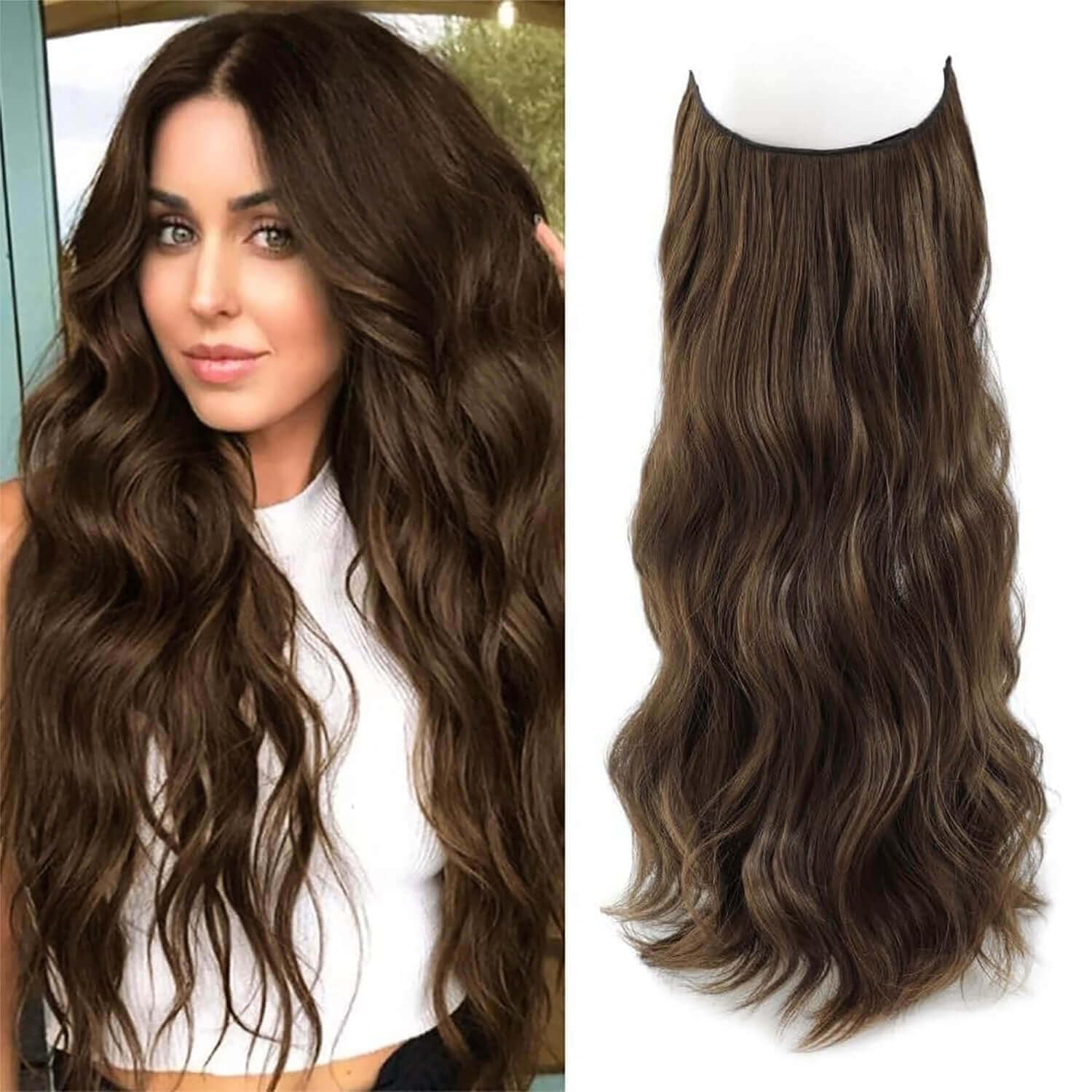 Ms TAj Brown Halo Hair Extensions 16 inch with Adjustable Size Removable Clips Invisible Secret Synthetic Curly Hairpiece for Women…