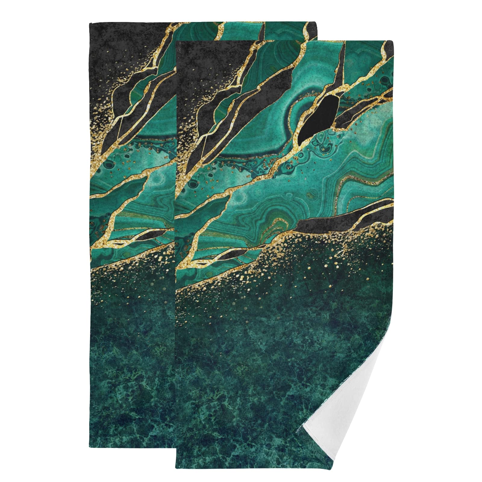 Black Teal Marble Green Malachite with Golden Veins Gold Spots 2 Pieces Face Towel, Highly Absorbent Cotton Dish Hand Towels, Soft Washcloth for Spa Bathroom Hotel Kitchen Beach Gym Yoga