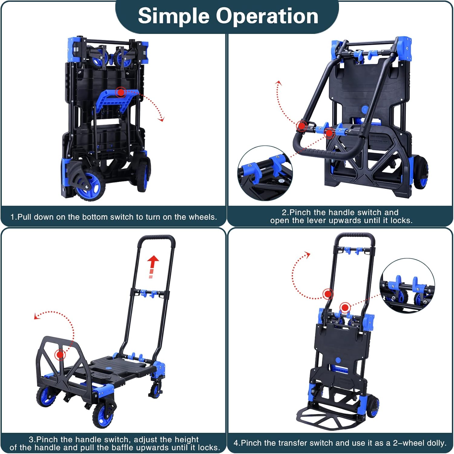 Image showing the first step of unfolding the hand truck, pulling down a switch to release the wheels.