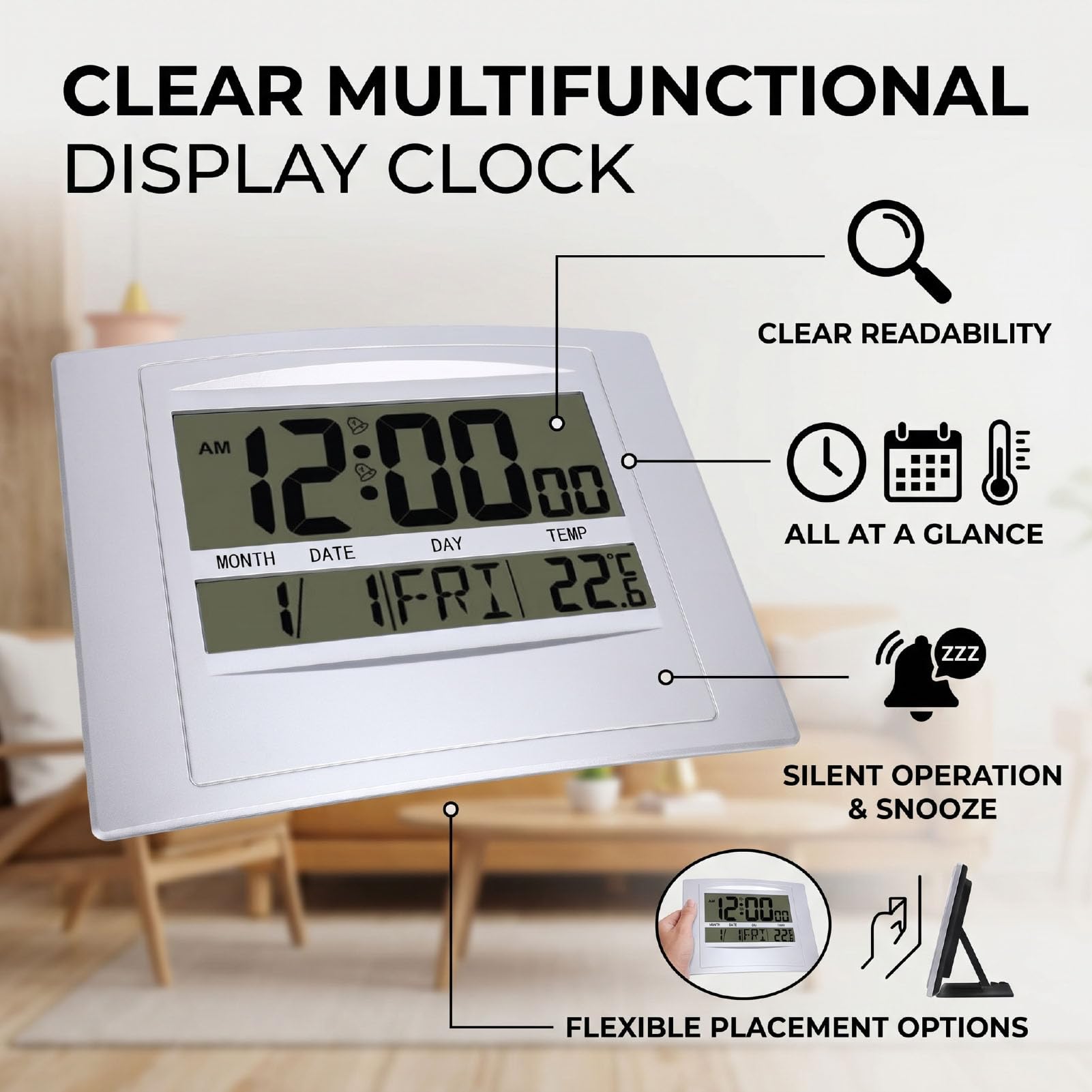 Fabater Orologio Elettronico da Scrivania con unità a Doppia Temperatura e Ampio Schermo Facile Visualizzazione in Camere da Letto e Uffici