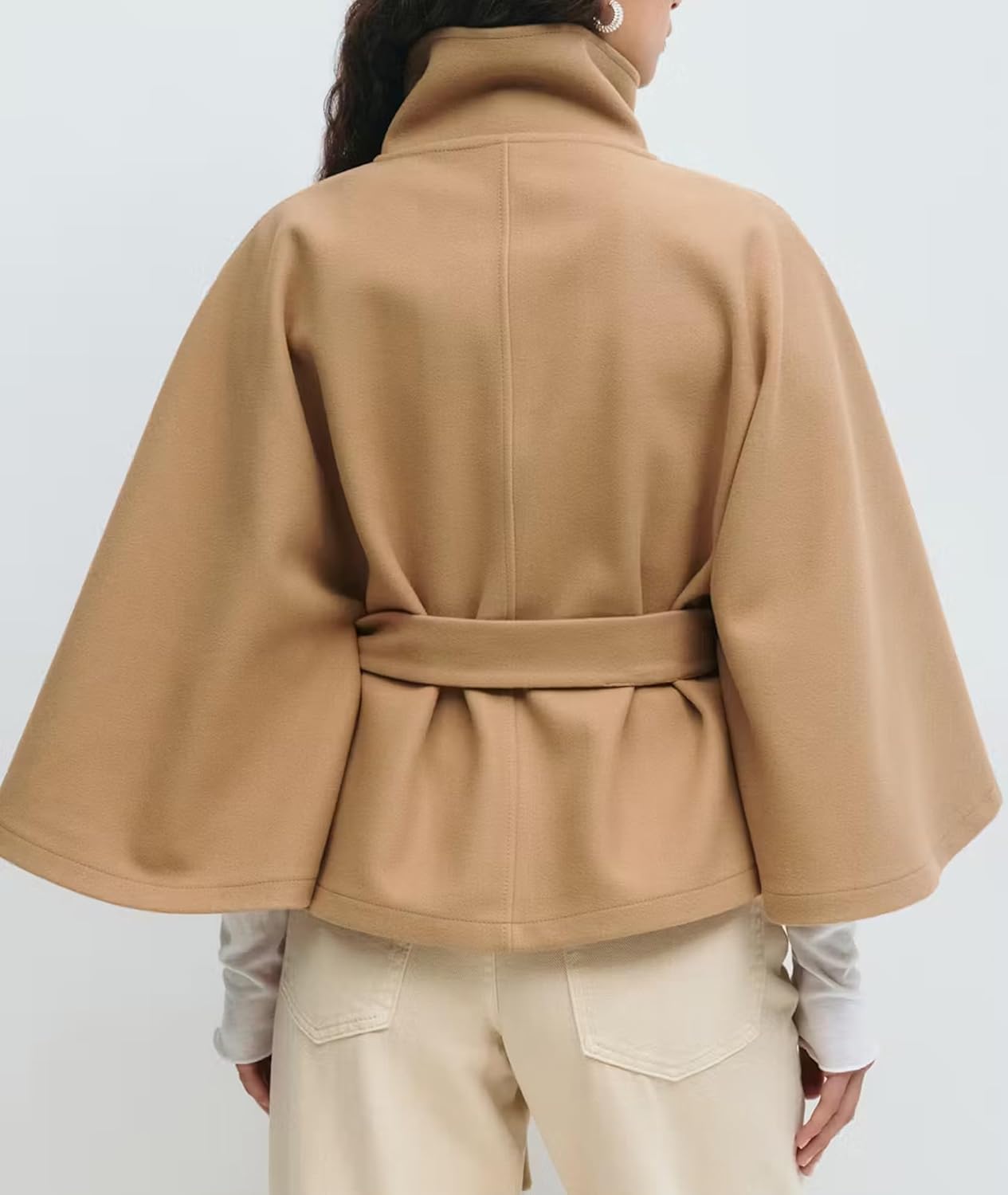 Womens Batwing Sleeve Poncho Pea Coats Elegant Stand Collor Capes Jacket Cloak Belted Fall Trendy Casual Outerwear - Image 3