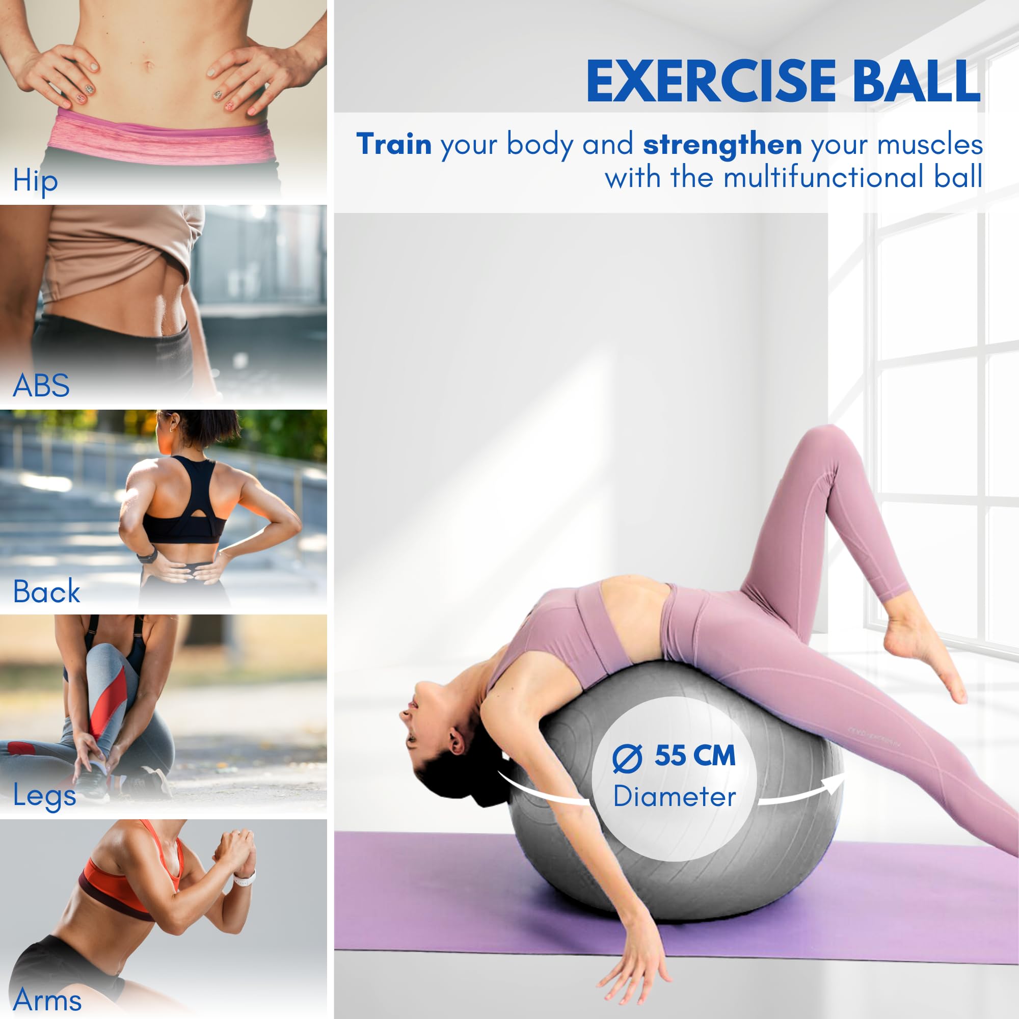 Ballon de Yoga 55 cm PVC Antidérapant Fitball avec Gonfleur