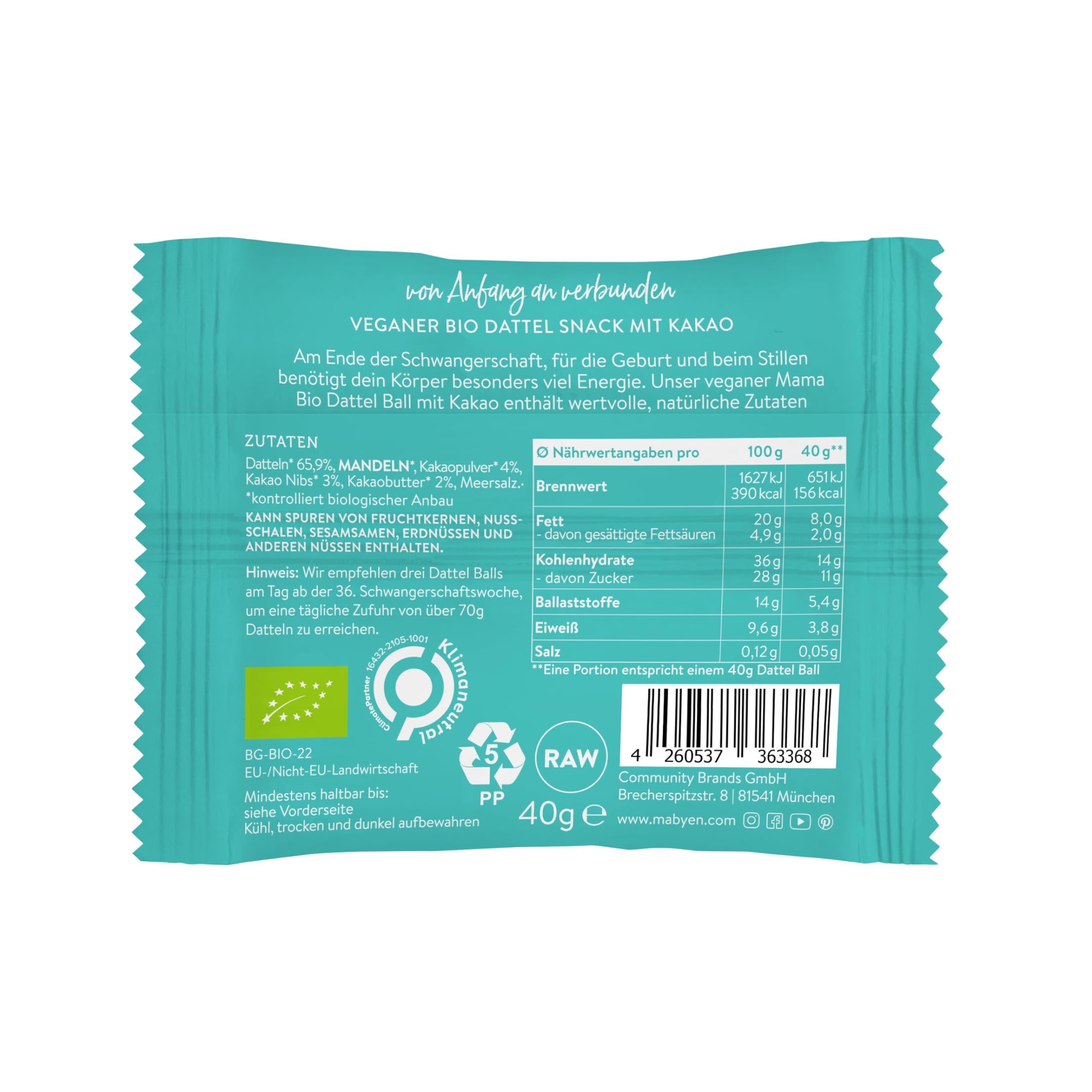 MABYEN Mama Bio Dattel Bälle Kakao – Bio Dattel Snack ohne Zuckerzusatz, Veganer Energy Snack mit 65% Datteln, Mandeln & Kakao, für bewusste Pausen, 20 Stück