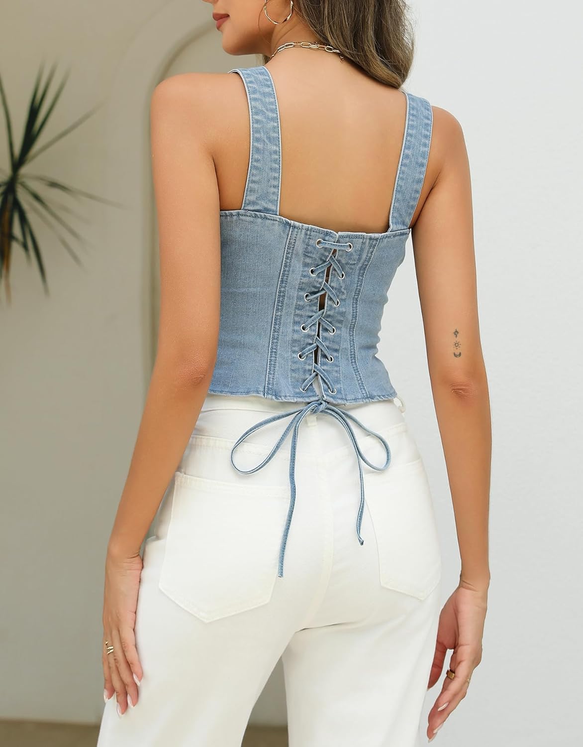 Ladyful Denim Corset Top for Women Square Neck Jean tank Tube Top Back Tie Spaghetti Strap Crop Denim Vest Cami - Image 6