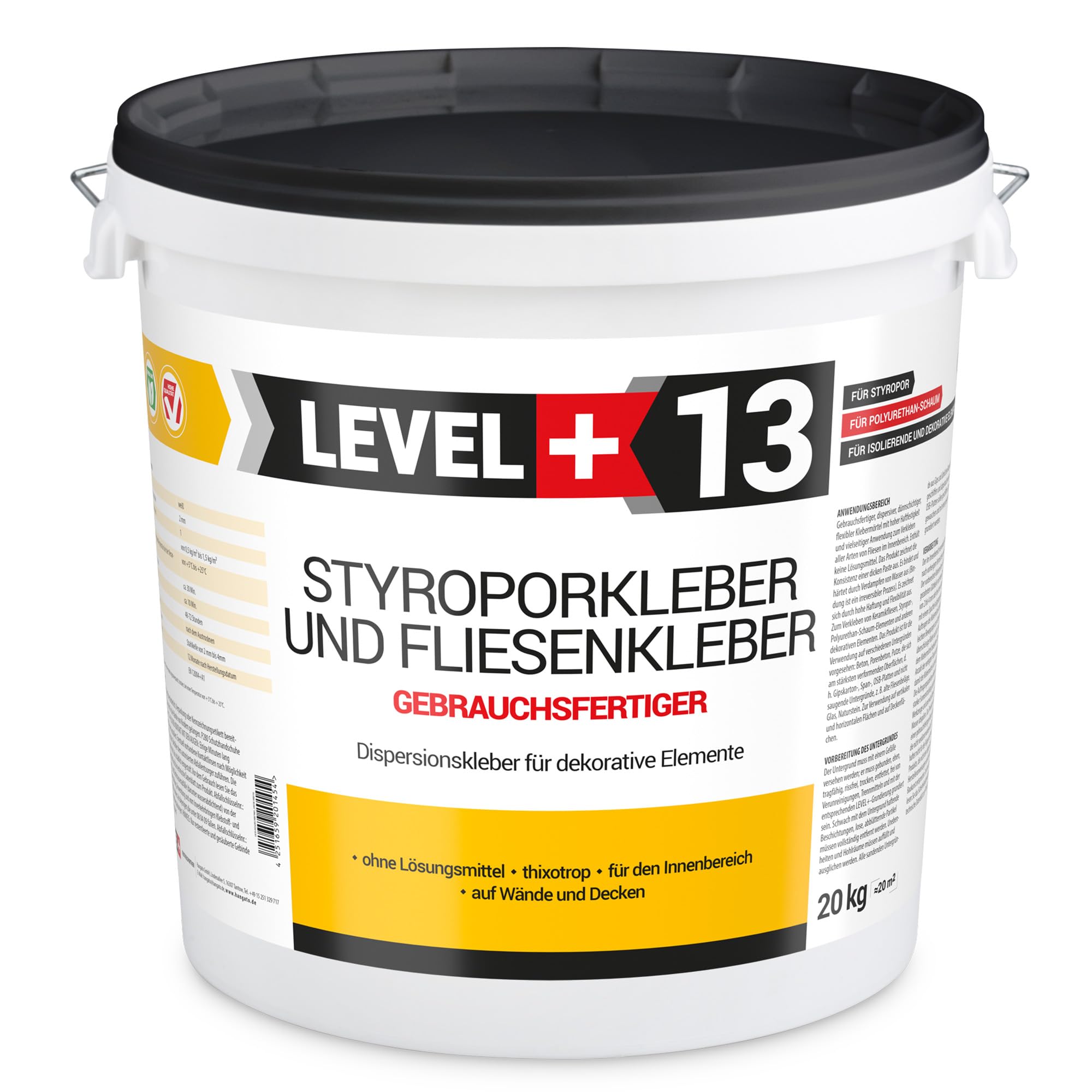 13 adesivi per polistirolo + spatola dentata da 4 mm, colla in sughero, colla a dispersione per elementi decorativi e polistirolo, set RM13 (20 kg)