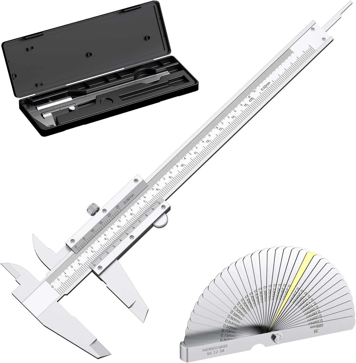 HDLNKAK Vernier Caliper 6 Inch + Stainless Steel Feeler Gauge 32 Blade, 6" Stainless Steel Non Digital Caliper, 0-6Inch/0-150mm，0.02mm/0.001" High Precision Caliper