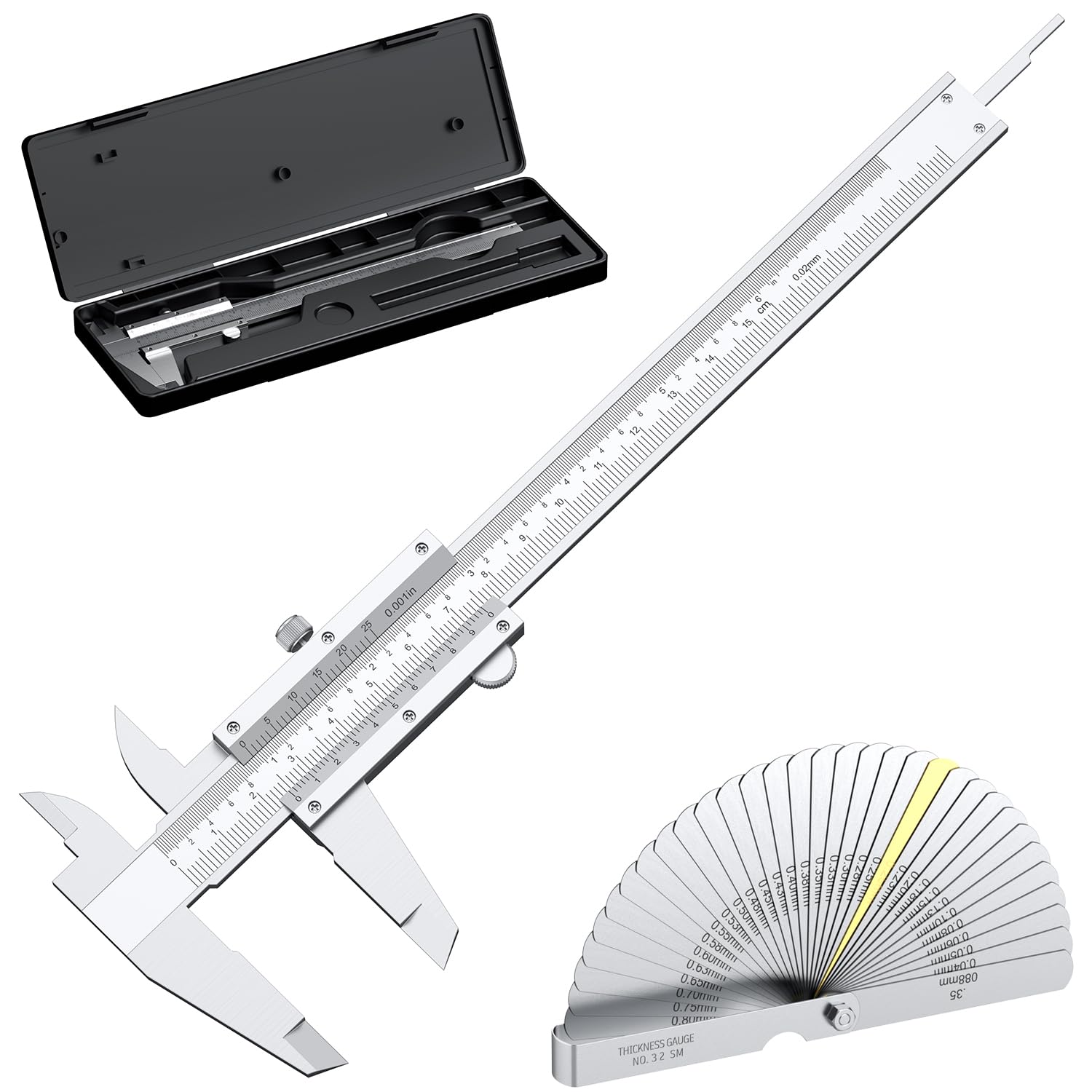 HDLNKAK Vernier Caliper 6 Inch + Stainless Steel Feeler Gauge 32 Blade, 6" Stainless Steel Non Digital Caliper, 0-6Inch/0-150mm，0.02mm/0.001" High Precision Caliper