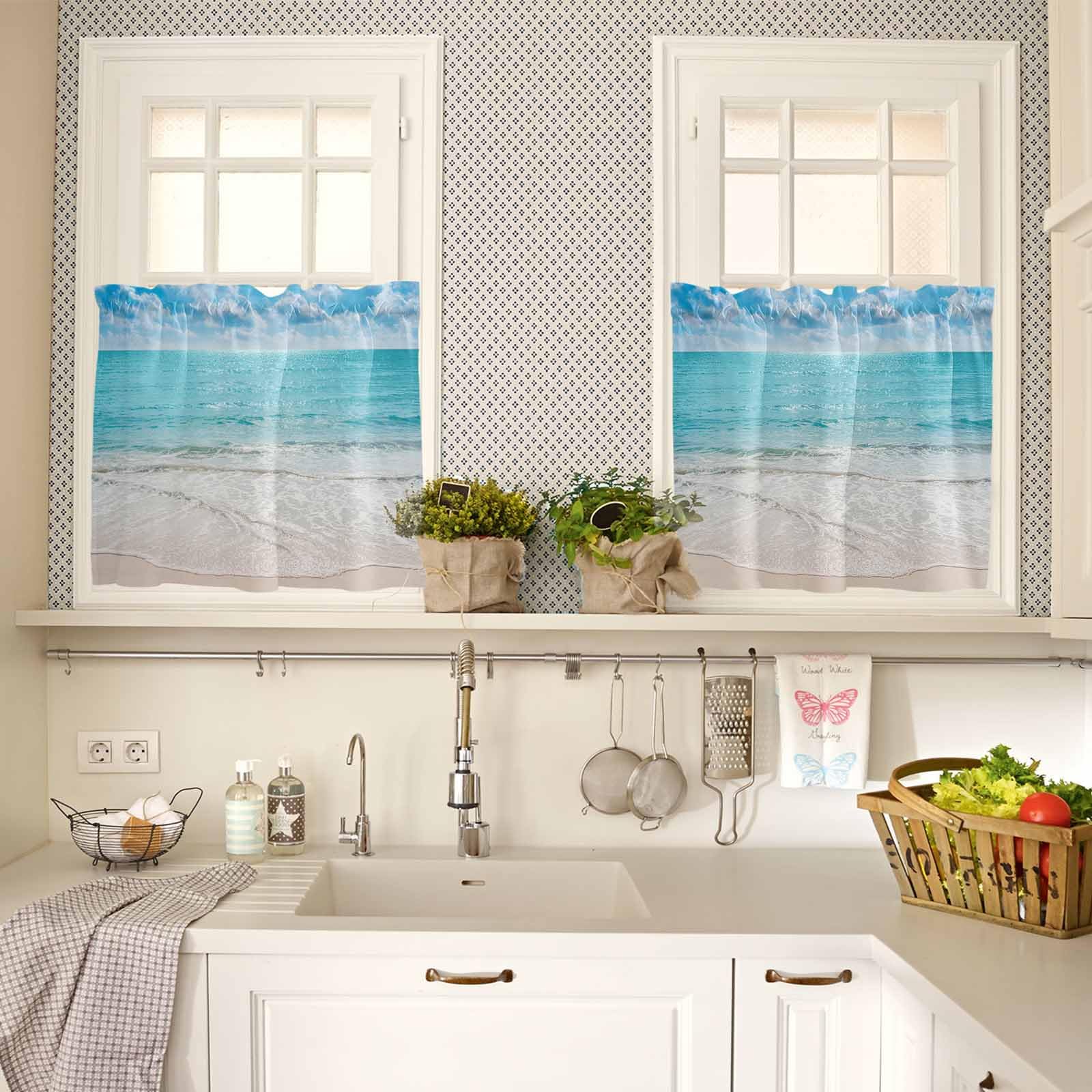 Ocean Beach Theme Kitchen Curtains for Bedrooml Living Room 24 Inch Length, Blue White Small Short Cafe Tiers Curtains Drape, 2 Panel Window Treatment Rod Pocket Drapery Panels Curtains 55x24