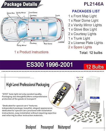 Miniatura 9 de ZIYOLIGHT - Kit de luces LED para interiores PL2139A para Lexus ES300 ES330 2002-2006, 6000K luces de cúpula blanca paquete de repuesto, bombillas