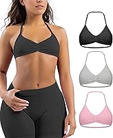 Comper Women's 3 Pack Halter Strappy Sports Bras Seamless Open Back Bralette with Removable Cups Yoga Crop Top