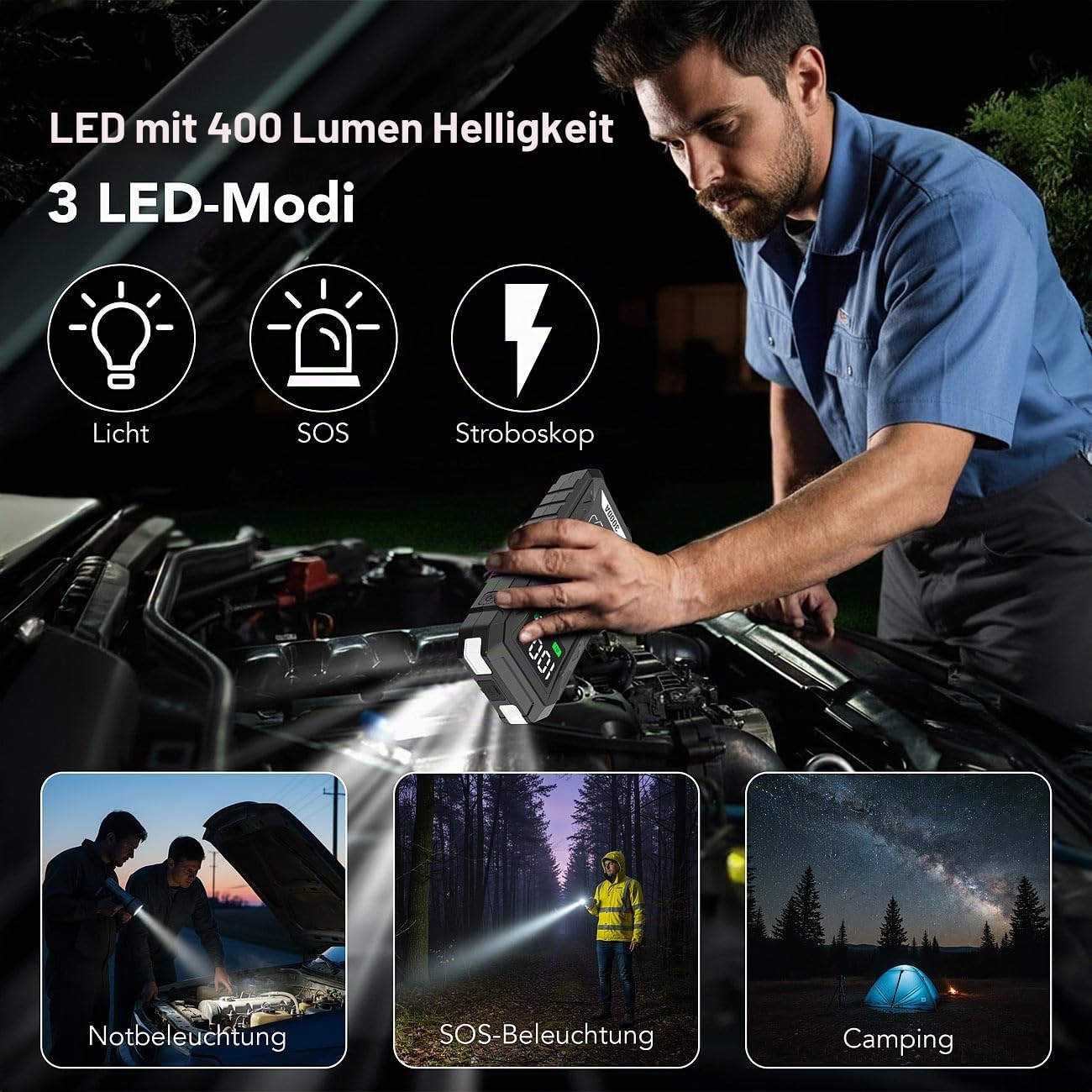 revolt Starterhilfe: 3in1-Kfz-Starthilfe & Powerbank mit 20 Ah, 3.000 A, 60 W PD, QDSP, LED (Kfz Starter, Batterie Ladegerät, Jump)