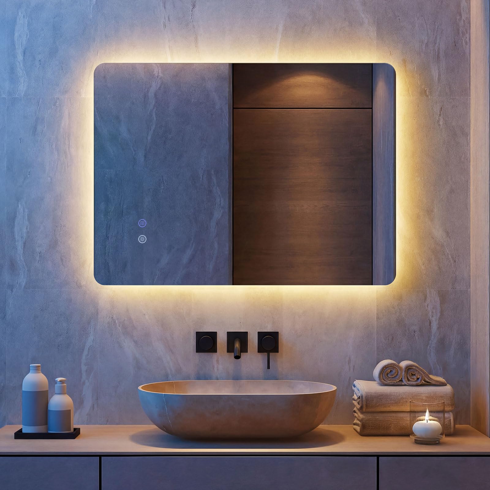 COSTWAY Specchio da Bagno Rettangolare con LED, Specchio da Parete con Luminosità Regolabile, Retroilluminato, Touch Intelligente, Vetro Temperato con Memoria e Anti-Appannamento (70 x 50 x 2,8 cm)