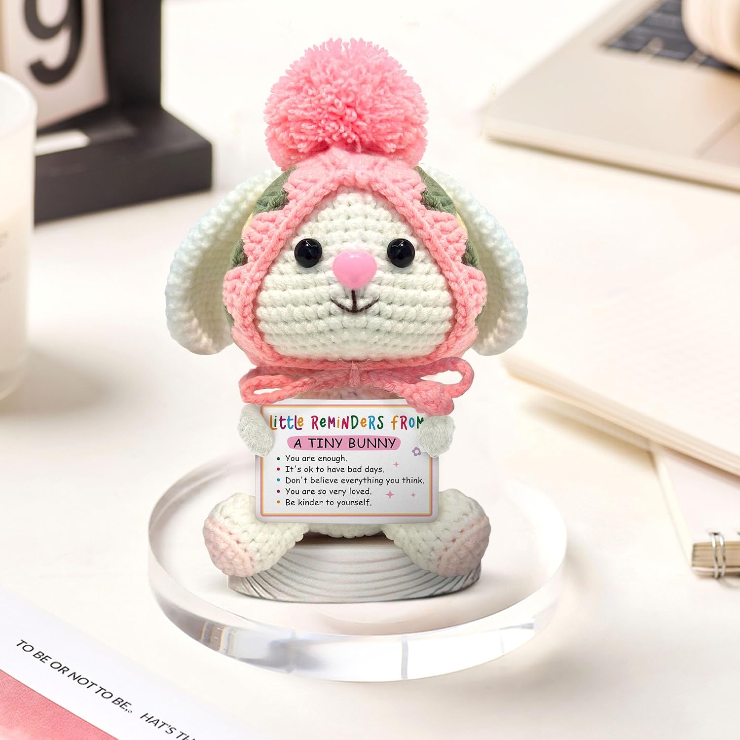 Gossby Inspirational Gift for Women - Positive Bunny Crochet - Christmas, Birthday, Positive Energy Gift Mom, Coworker, Teacher, Friend - Emotional Support Plush Basket Stuffers - Little Reminders