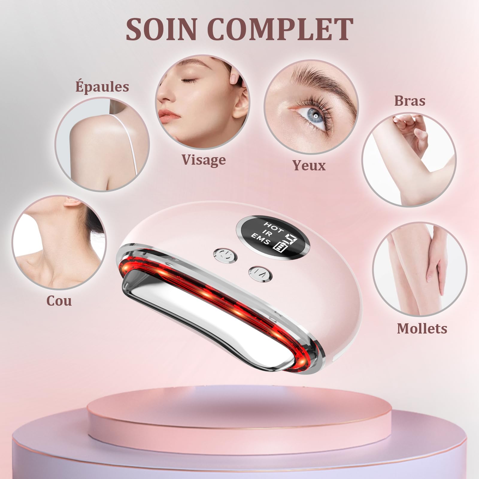 Appareil Anti Rides Massage Visage: Masseur Lifting Visage avec 9 Niveaux de Réglage et 4 Modes - Gua Sha Électrique EMS Massage Thermique à 45℃ - Appareil de Beauté Double Menton avec 3 LED Couleurs
