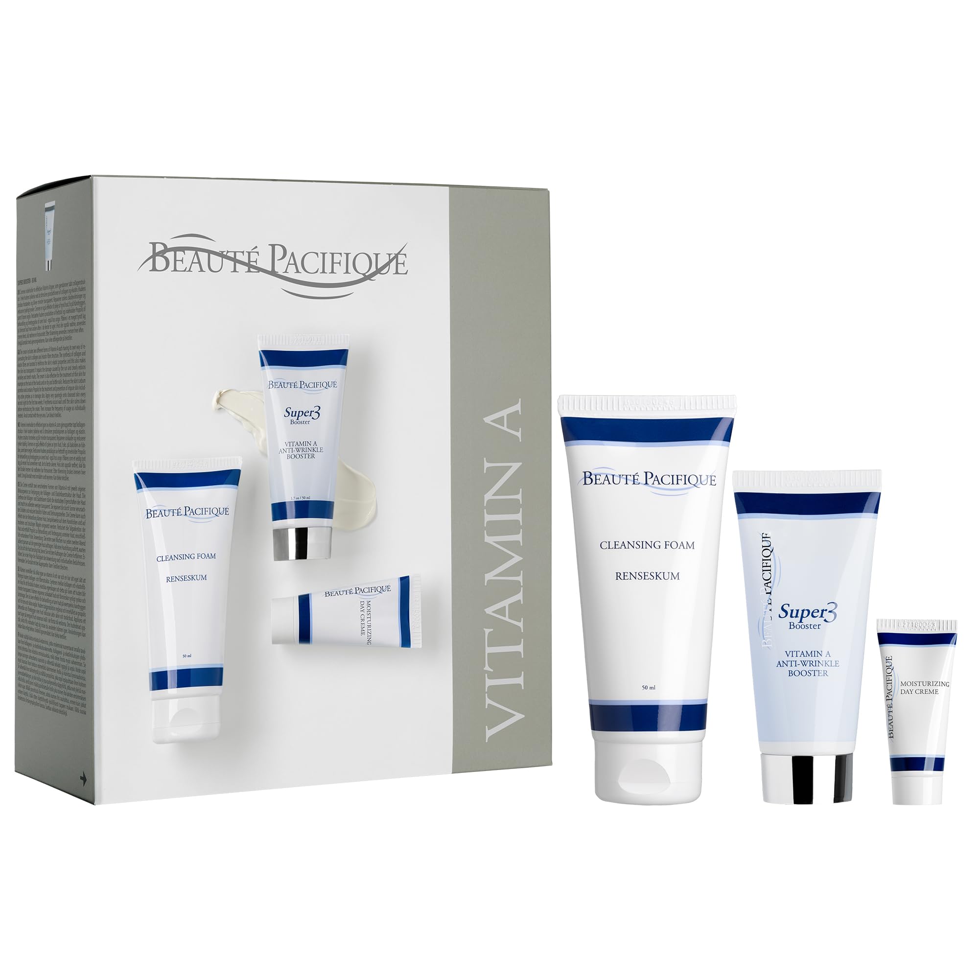 Beauté Pacifique Super3 Booster Coffret cadeau – Soin anti-âge pour tous les types de peau | Super3 Booster 50 ml, mousse nettoyante 50 ml, crème hydratante 20 ml | Sans parfum & certifié