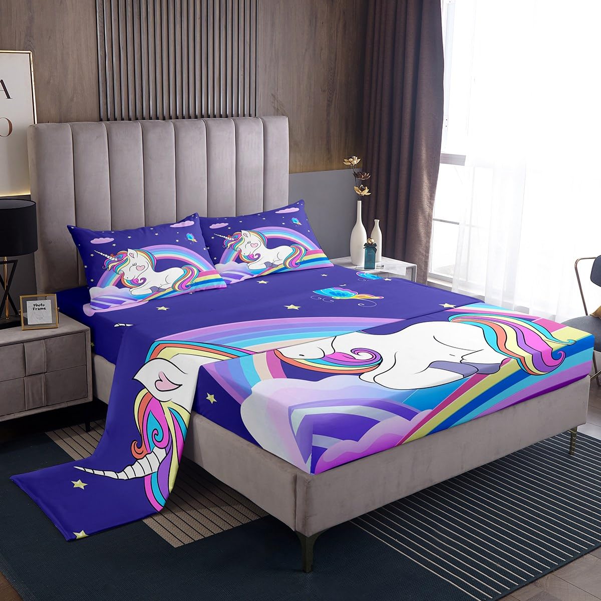 Lindo juego de sábanas de unicornio arcoíris para niñas, juego de sábanas de unicornio de dibujos animados con bolsillo profundo para niños, juego de ropa de cama de unicornio mágico con estampado de