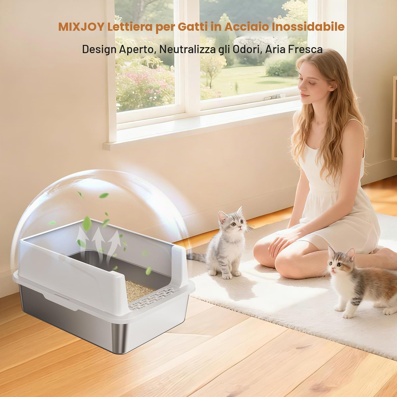 MIXJOY Lettiera per gatti in acciaio inox, 18 l, piccola per gattini, design aperto, bordo alto, a prova di perdite, salvaspazio, con paletta, 44 x 34 x 21 cm
