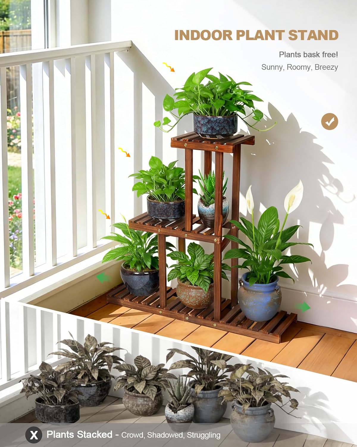 3 Tiered Narrow Wooden Indoor Plant Stand Shelf for Multiple Plants, Corner Flower Stand Shelf Outdoor , House Floor Plant Holder Rack for Living Room Balcony Patio Garden Office,Rustic,Space Saver