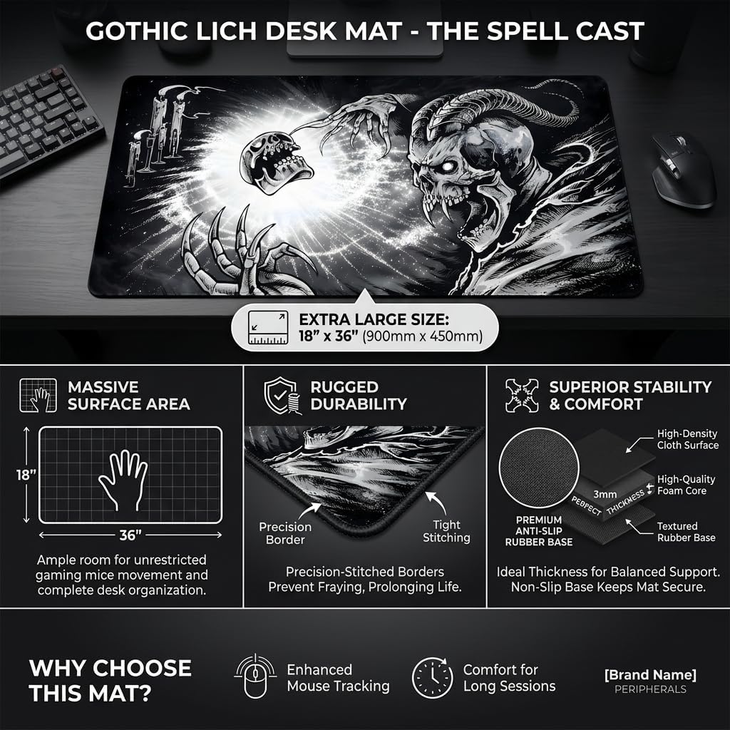 Dark Skull Extended Desk Mat 458 x 915 mm | Premium Abstract Purple Desk Mat with Stitched Edges | 3mm Thick Non-Slip Desk Pad for Gaming, Office & Workstation