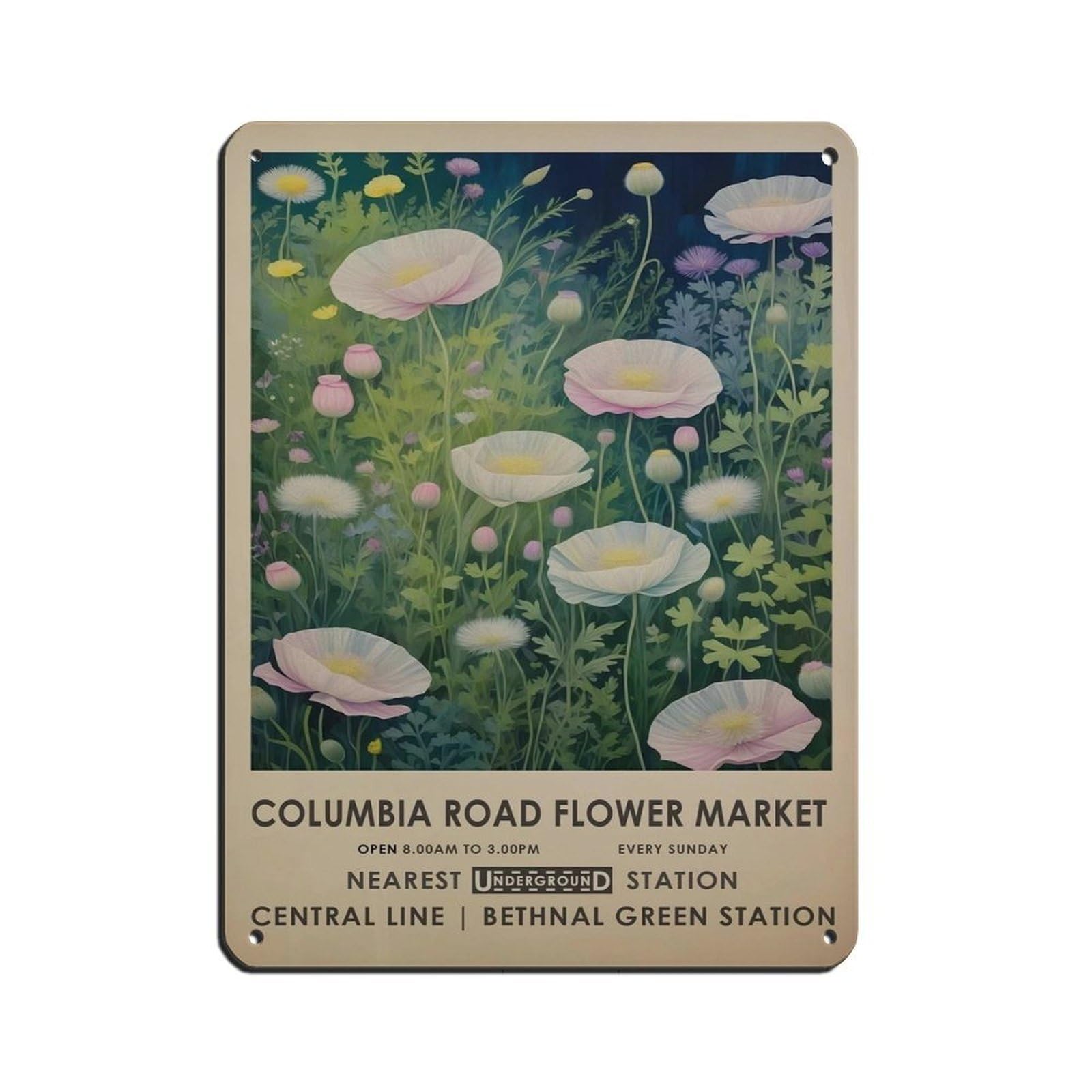 Columbia Road Flower Market, Pink Vintage Flower Retro Poster Metal Tin Sign Chic Art Retro Iron Painting Bar People Cave Cafe Family Garage Poster Wall Decoration 12x16inch(30x40cm)
