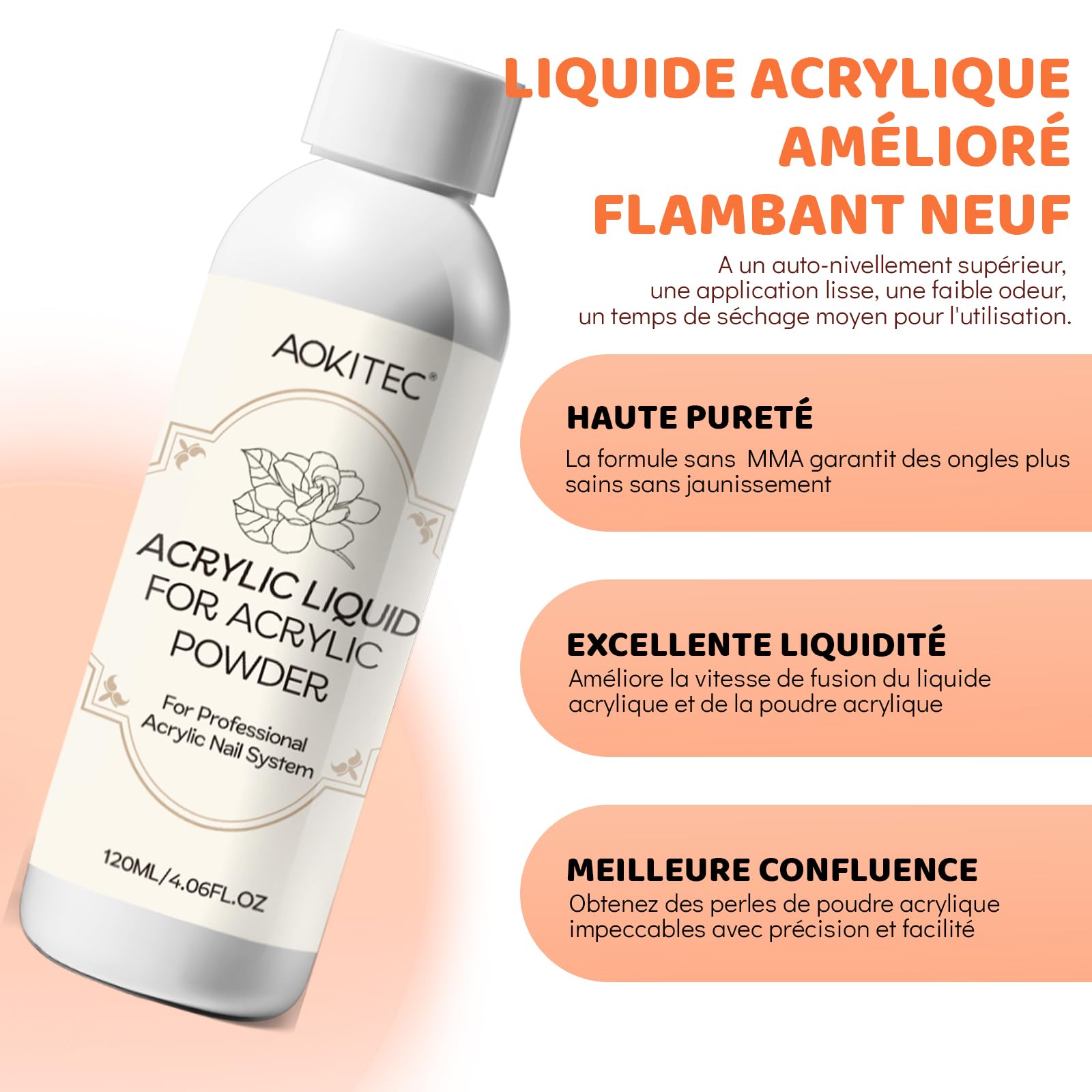 Aokitec Liquide acrylique avec perles neutralisant les odeurs, monomère EMA 120 ml pour ongles en acrylique, monomère à faible odeur et non jaunissant pour poudre acrylique