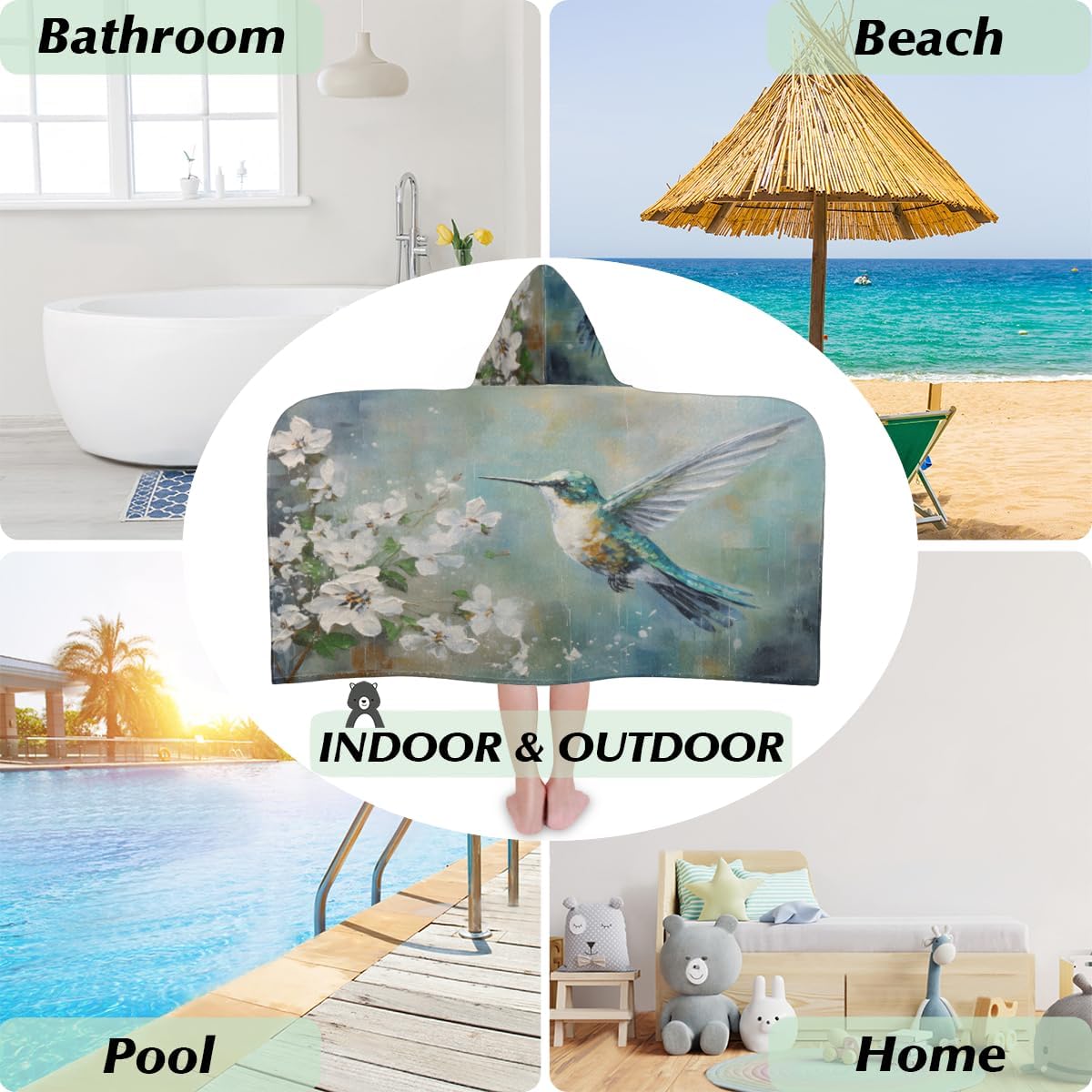 Pardick Kids Bath Towel Animal Hummingbird Beach Towel with Hood Pool Cover Up for Girls Boys Soft Absorbent Hooded Bath Towel Toddler Towels for Beach, Pool
