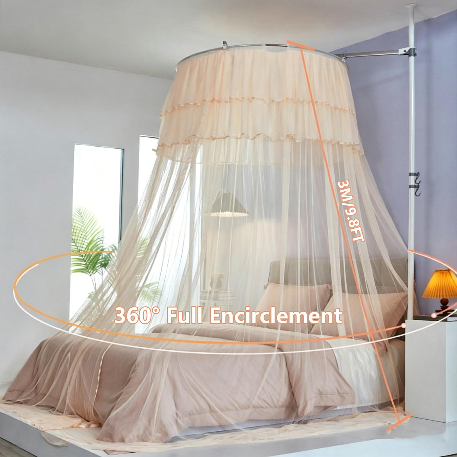 Baldaquin de Lit Luxueux pour Filles et Adultes, Rideau de Lit Princesse en Tulle Transparent, Moustiquaire Ronde en Forme de Dôme pour Décoration de Chambre à Coucher, White