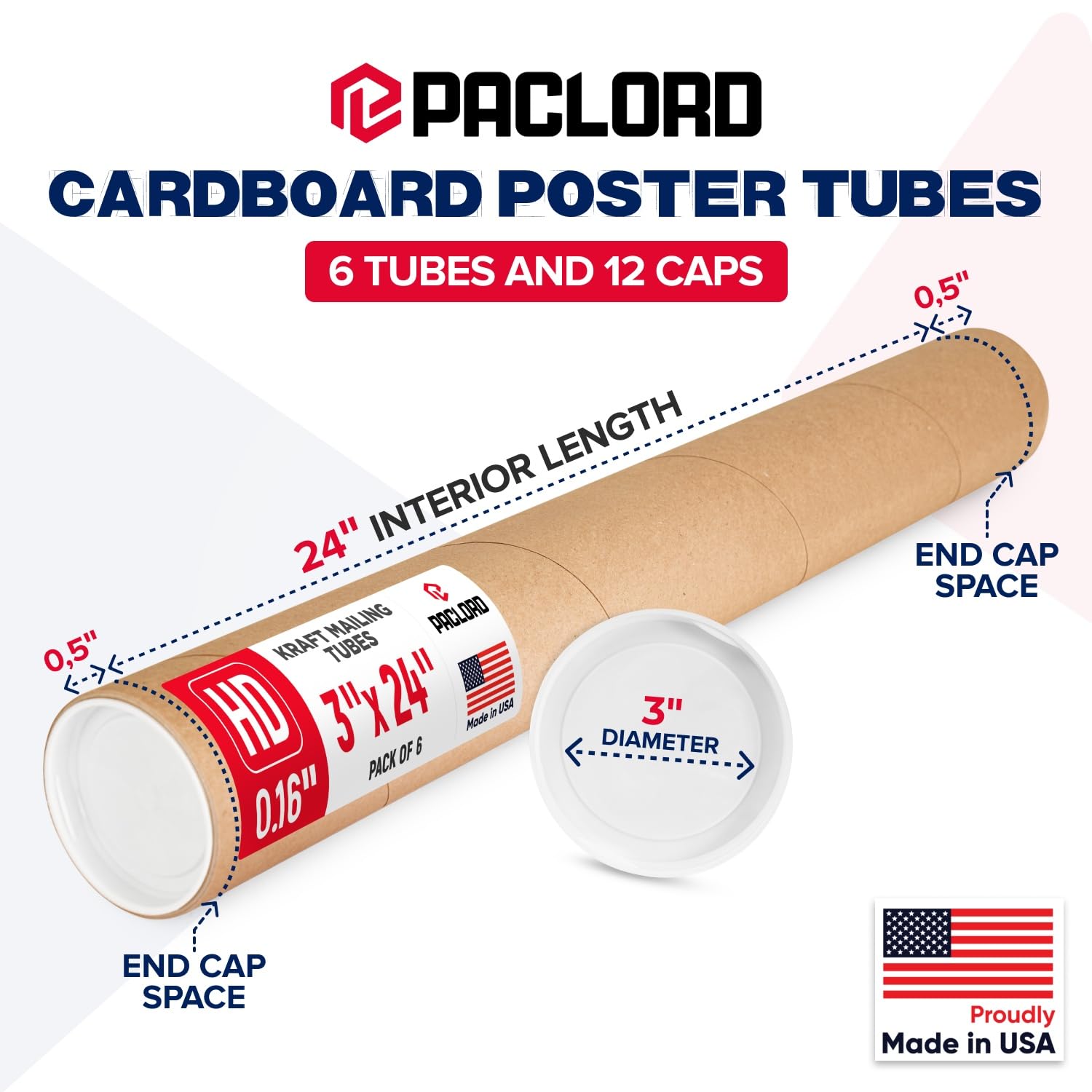 Tubo de cartón reforzado de alta resistencia de 3 x 24 pulgadas, paquete de 6 tubos con 12 tapas, aprobado por USPS seguro, ideal para envío y almacenamiento de impresiones, obras de arte