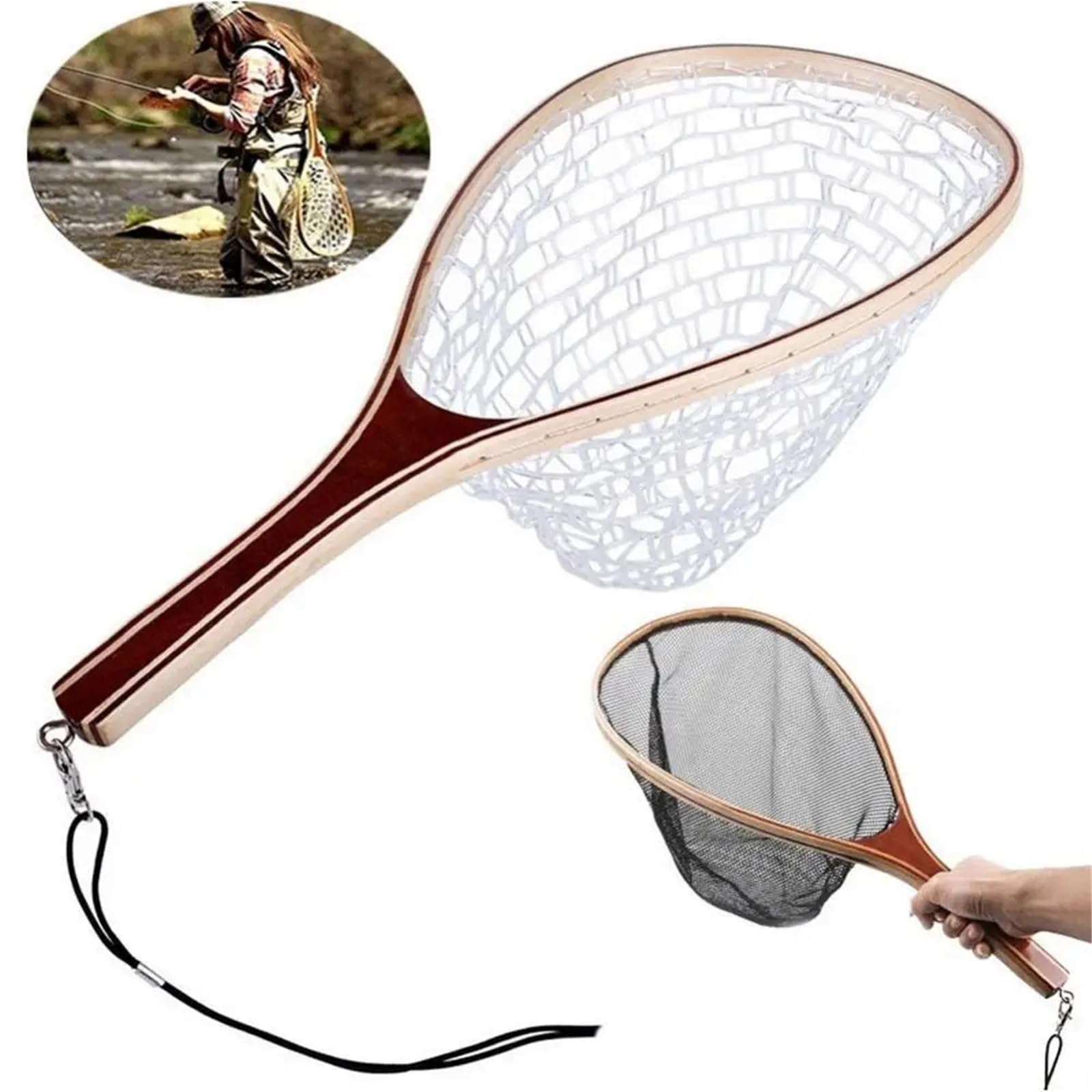 Salabre Pesca Jaula de inmersión Red Pesca con Mango Madera portátil, Aterrizaje for Mosca para Estanques