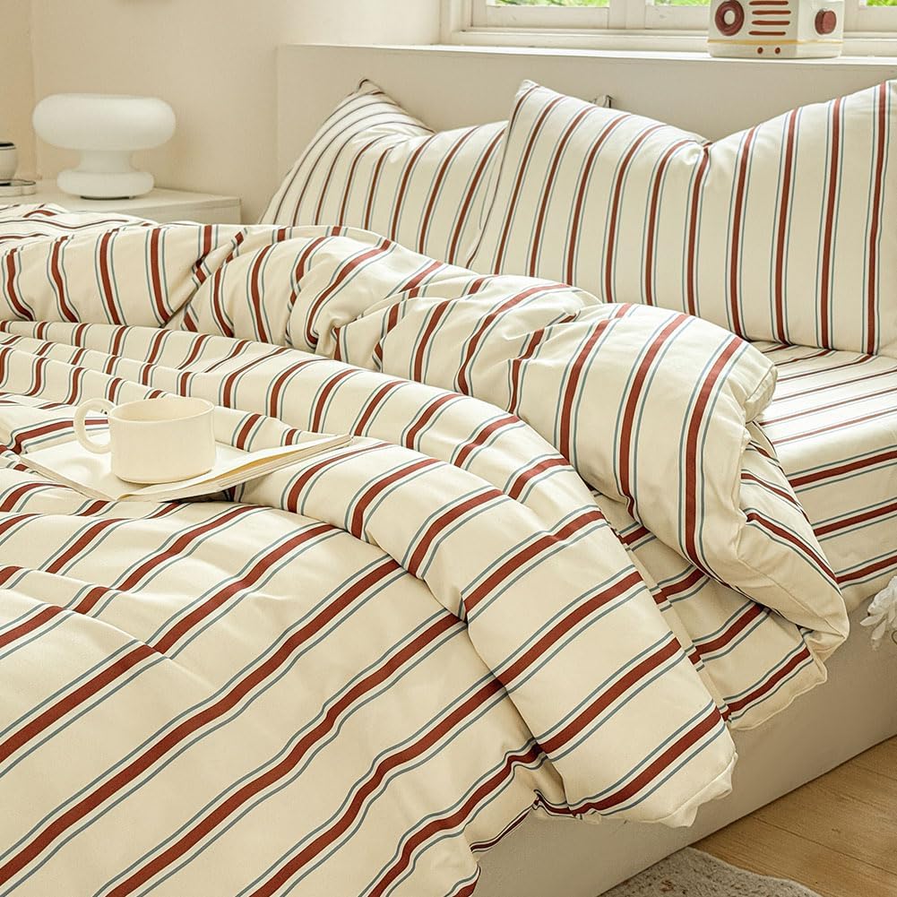 NSNLGSGC Red Brown Retro Striped Duvet Cover Set Queen, Maroon Vintage Pinstripe Comforter Cover,Soft Stripe Washed Microfiber Bedding Cover(3PCS,Queen)
