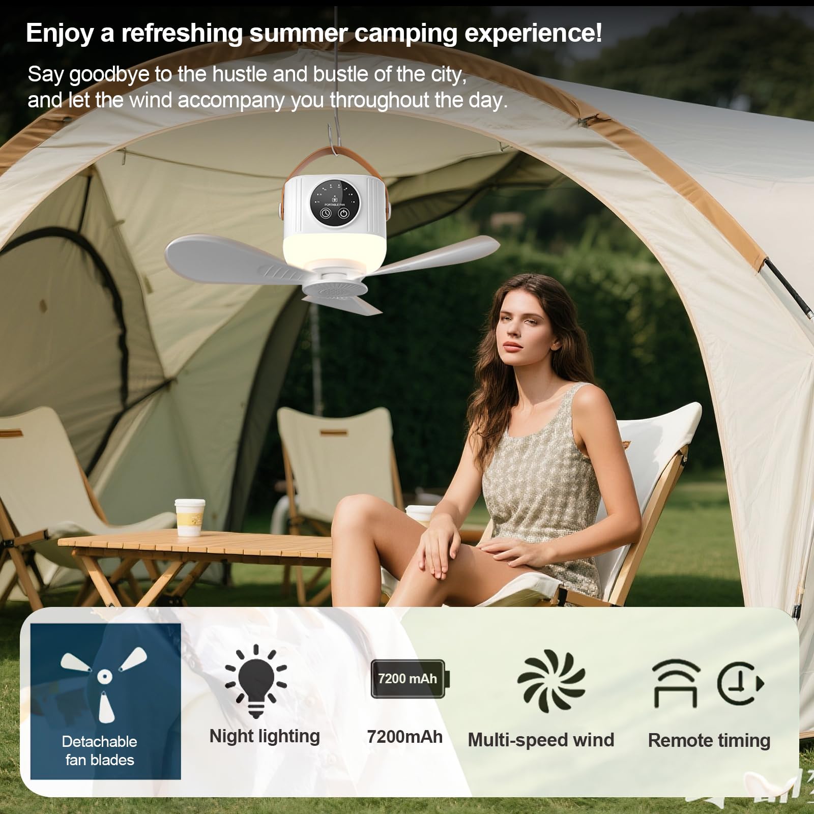 Deckenventilator Outdoor mit Dreibein, 7200mAh Camping Ventilator mit Licht, Aufladbar Deckenventilator mit Beleuchtung Camping, 4-Gang Zeltventilator mit LED für Angeln, Wandern, Outdoor (7200mAh)