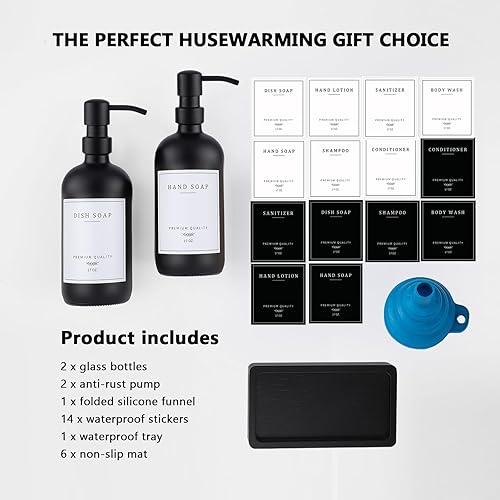 Miniatura 7 de Dispensador de jabón de vidrio grueso negro  Juego de dispensador de jabón para platos de cocina y manos, dispensador de loción a prueba de óxido