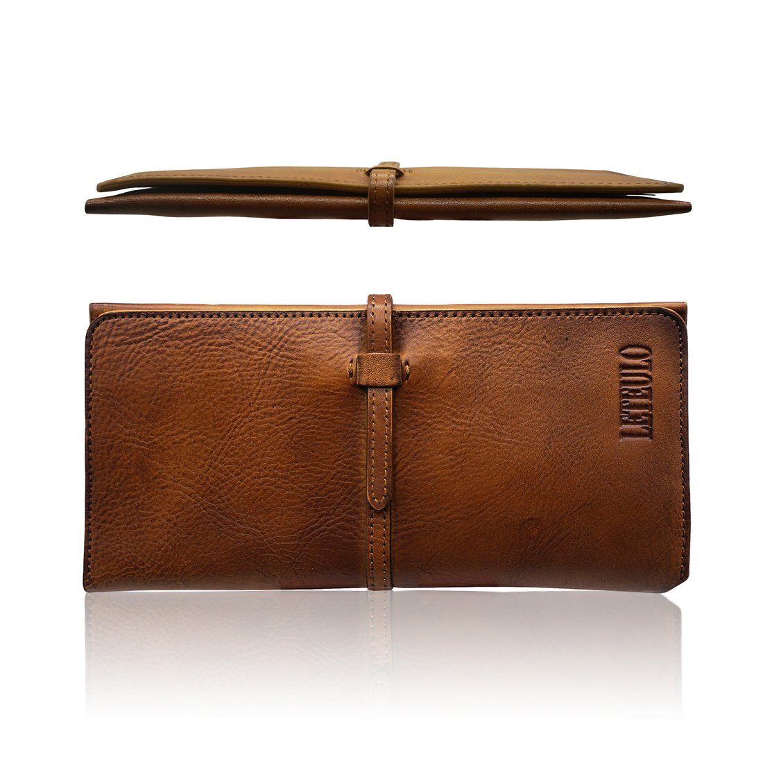 LETEULO Geldbörse Damen Echt Leder Gross Geldbeute Karten Organizer Geldbeutel Lang Portemonnaie Frauen Portmonee Damen Brieftaschen Braun
