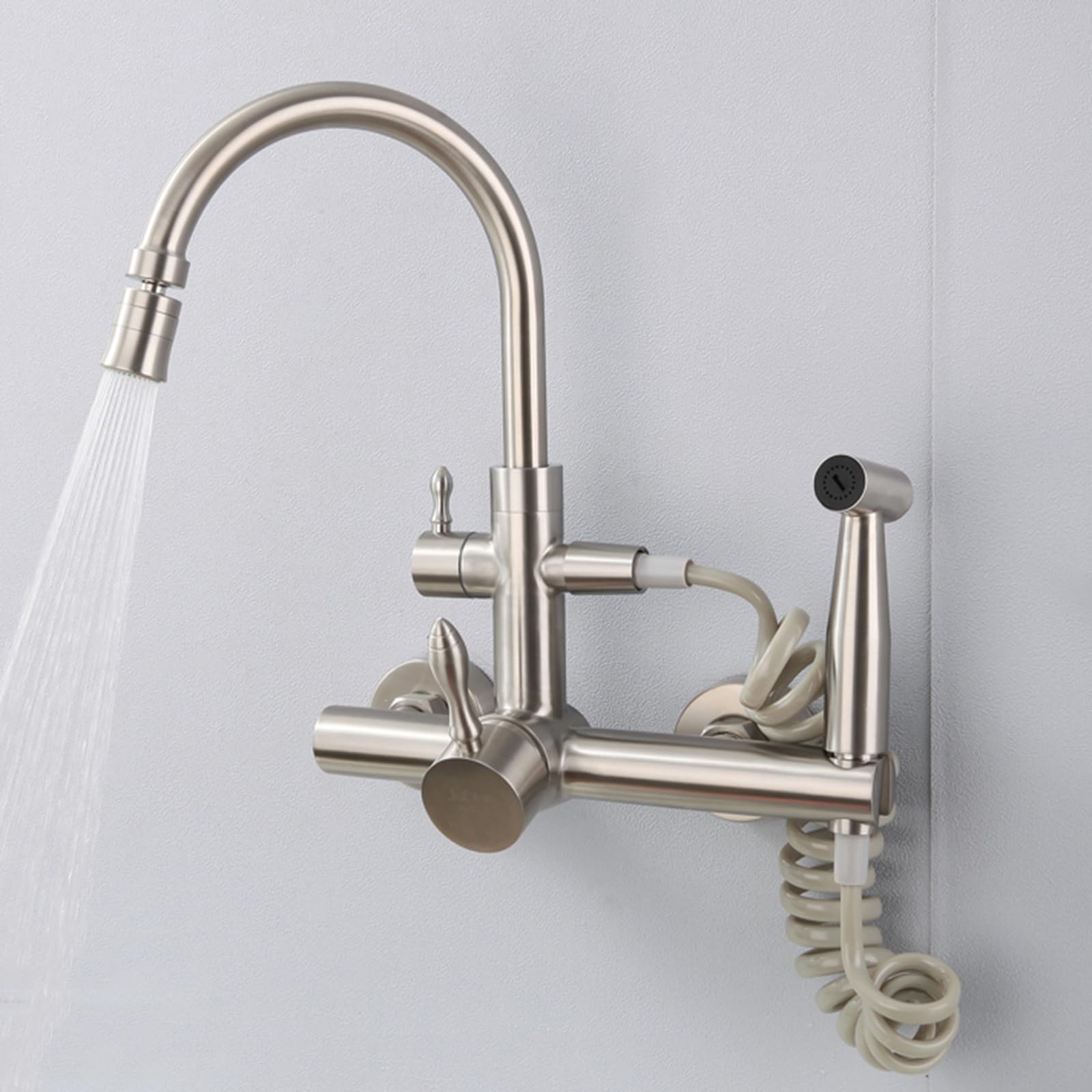 ZYCHSJXA Kitchen Tap Wall Mounted Taps with Spray Single Handle Faucet Sink for Kitchen, Brushed, Dual Mode