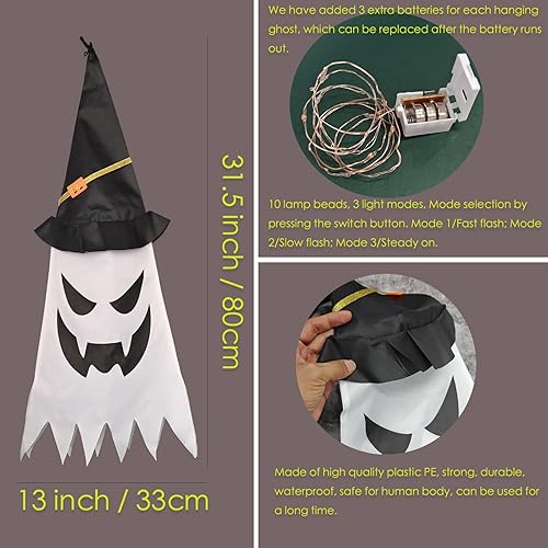 Miniatura 2 de Decoraciones de Halloween al aire libre, 3 piezas de gran tamaño colgante iluminado brillante fantasma bruja decoración con cadena de luces para